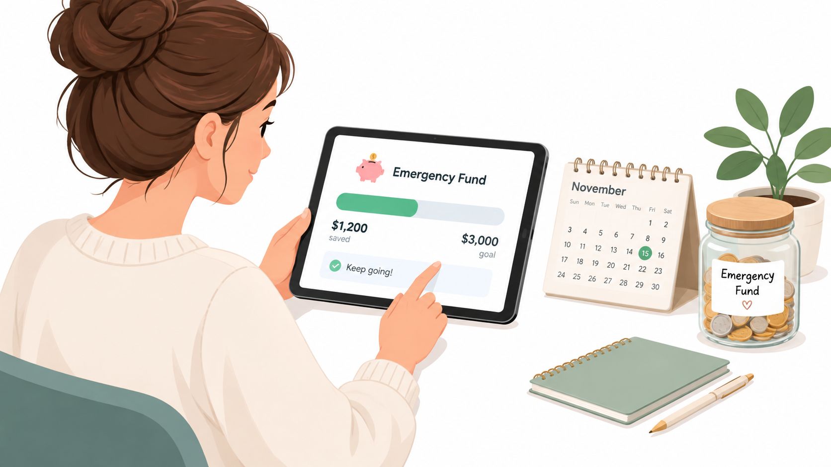 A woman reviewing her emergency fund savings goals on a tablet next to a calendar and jar.