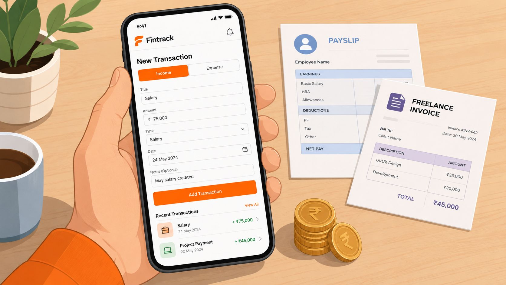 A hand holding a smartphone displaying a personal finance income tracking app on a wooden desk.