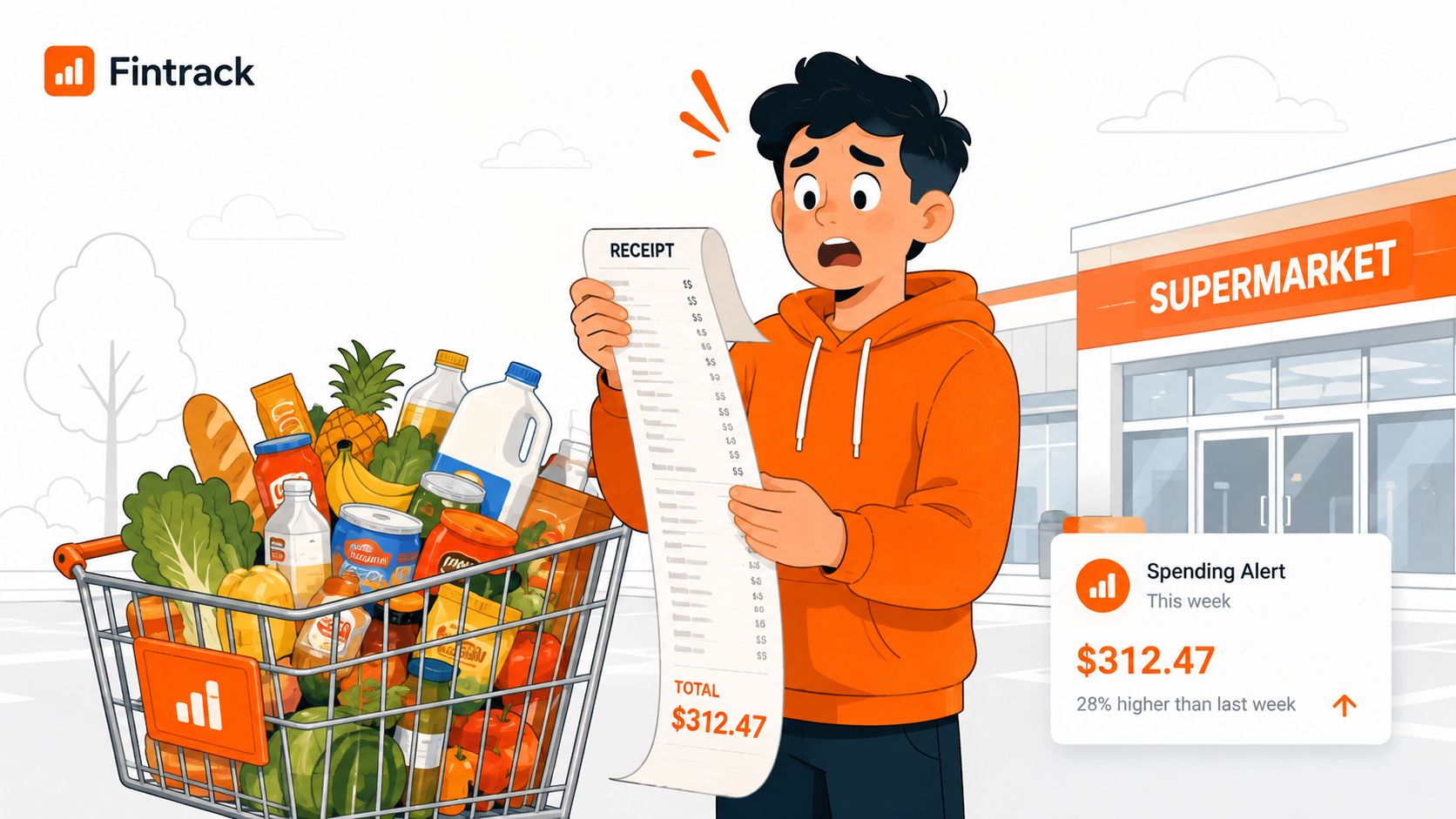 A surprised young man looks at a long grocery receipt after shopping at a supermarket with Fintrack.
