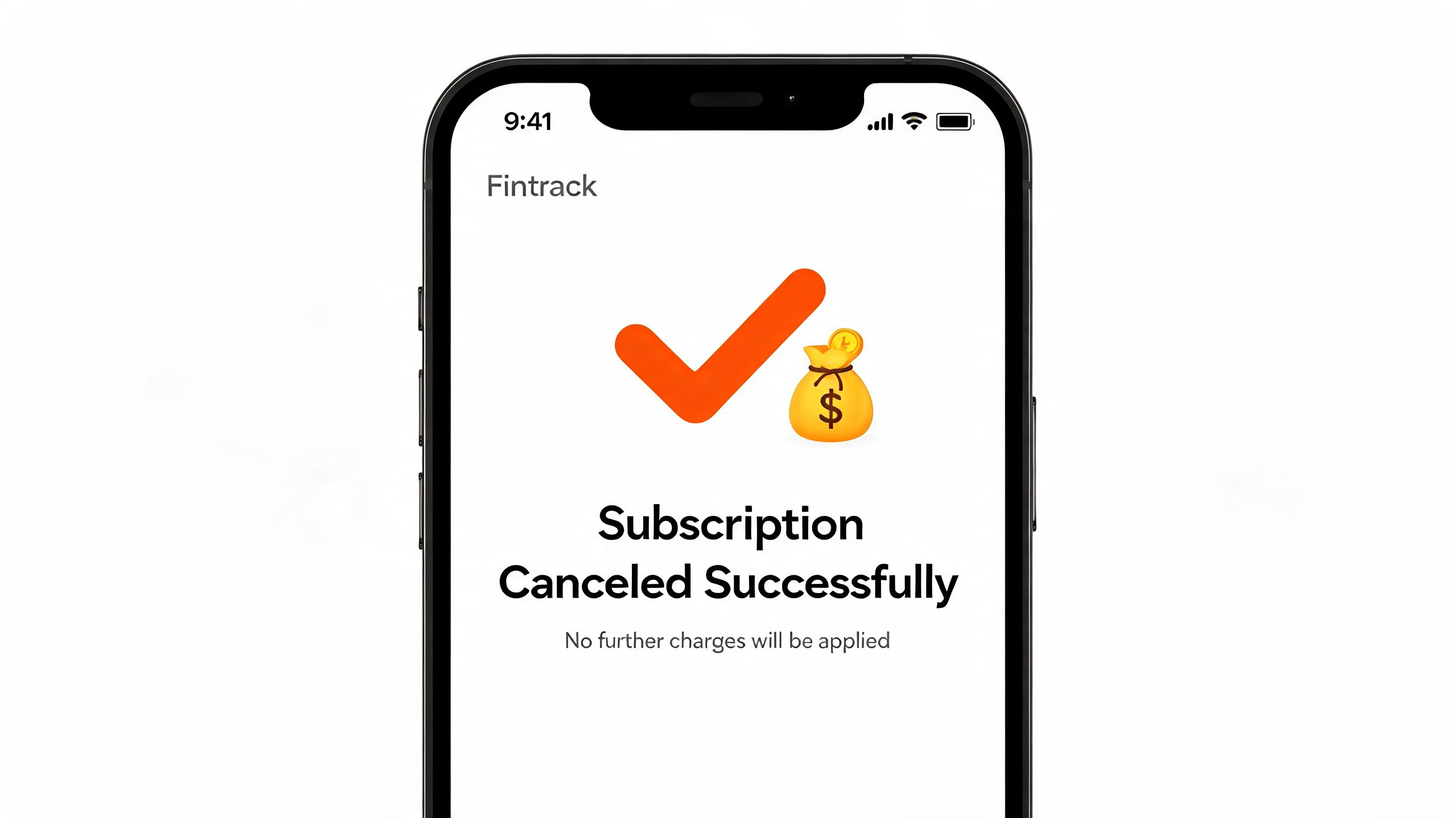 A smartphone display showing a successful app subscription cancellation confirmation screen for the Fintrack mobile application.