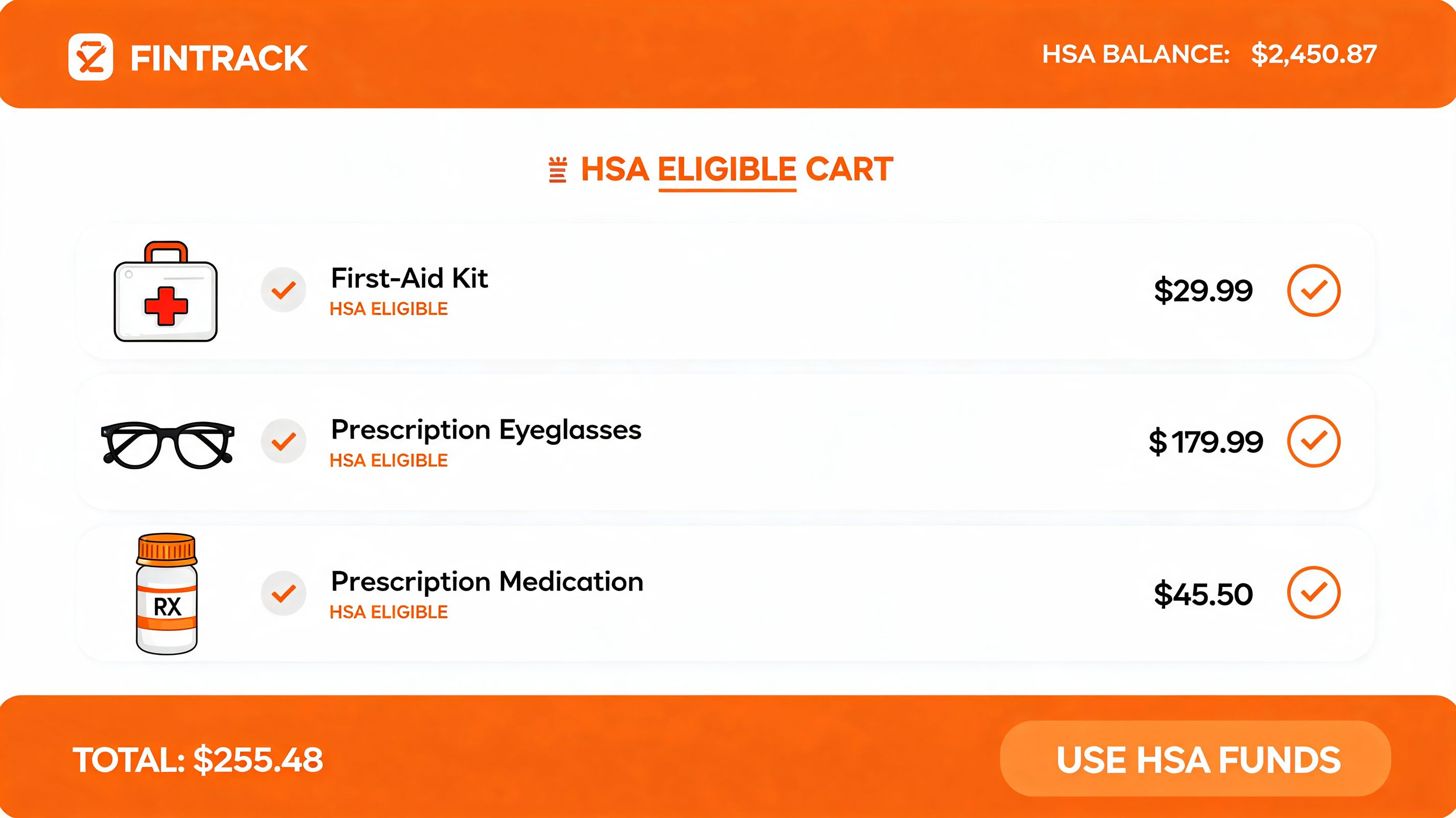 A Fintrack interface showing an HSA eligible shopping cart with medical items totaling two hundred fifty-five dollars.
