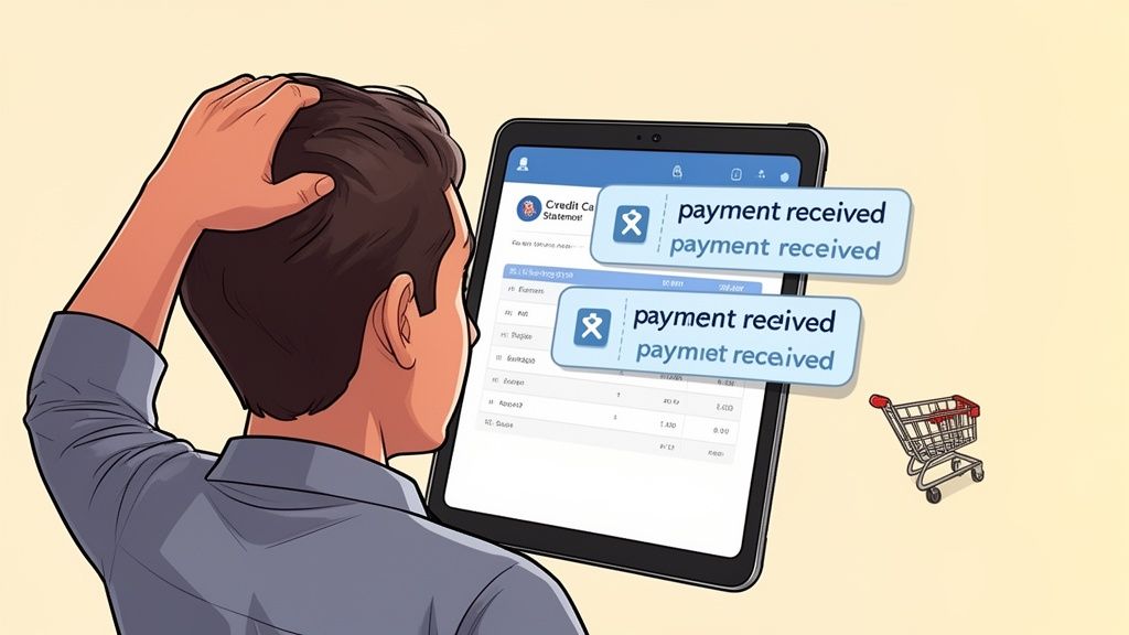 A man looks confused at a tablet screen displaying credit card payment notifications and a shopping cart.