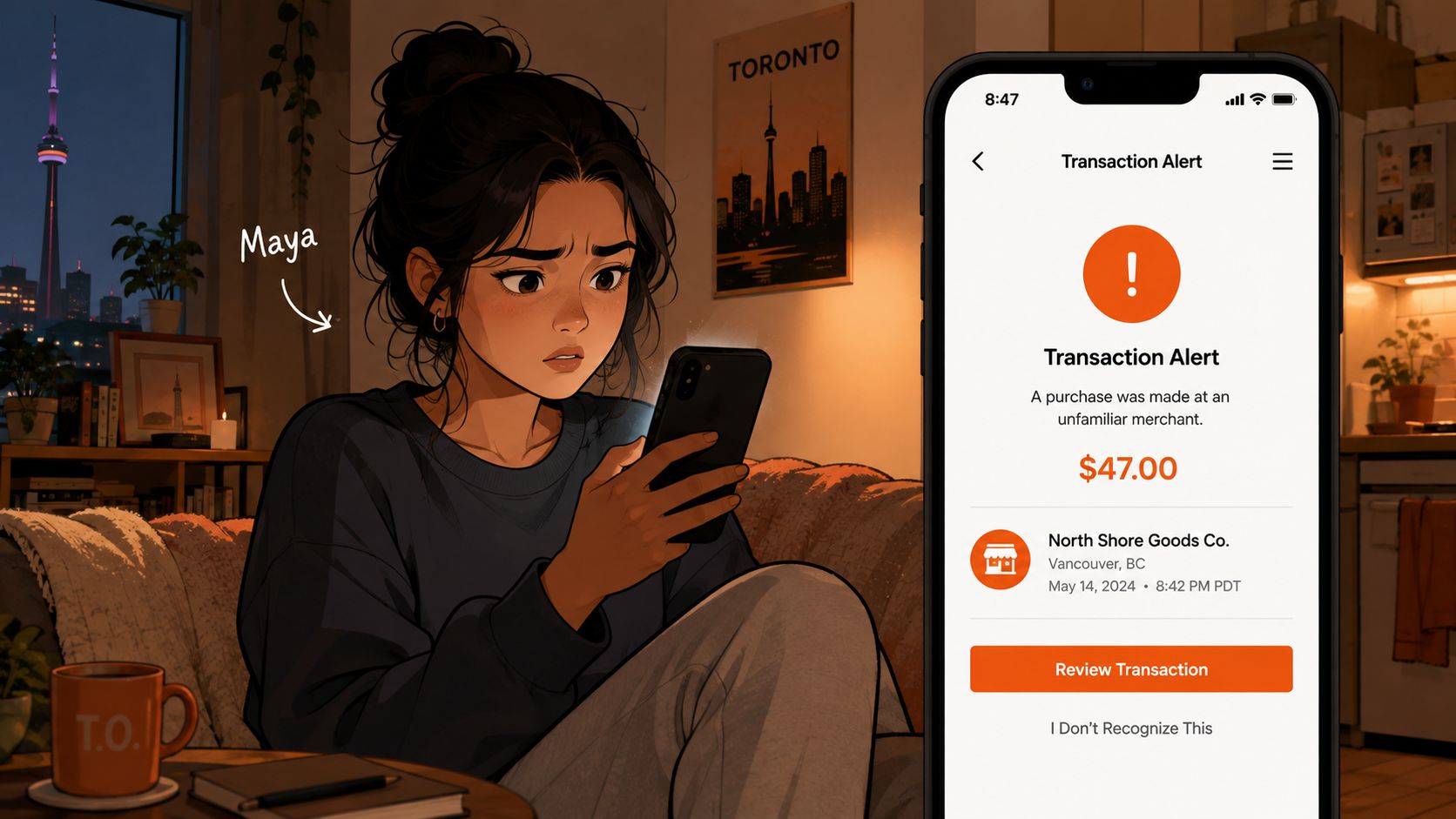 A concerned young woman named Maya looking at a suspicious bank transaction alert on her smartphone screen.