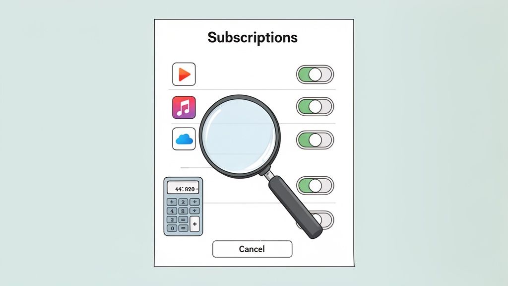 A mobile screen showing app subscriptions with toggles, a calculator, and a magnifying glass.