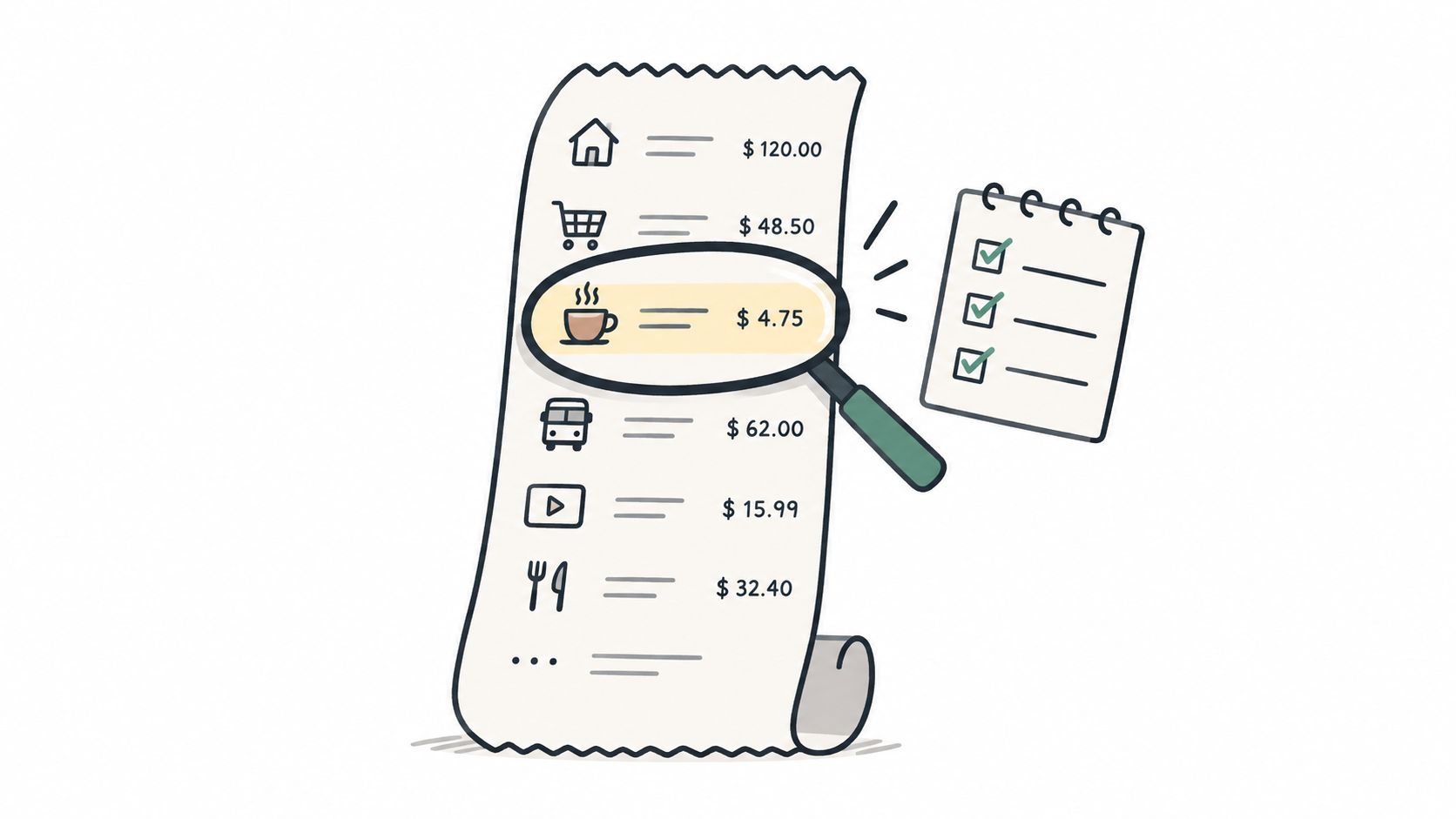 A magnifying glass inspecting a coffee purchase on a long expense receipt next to a checklist.