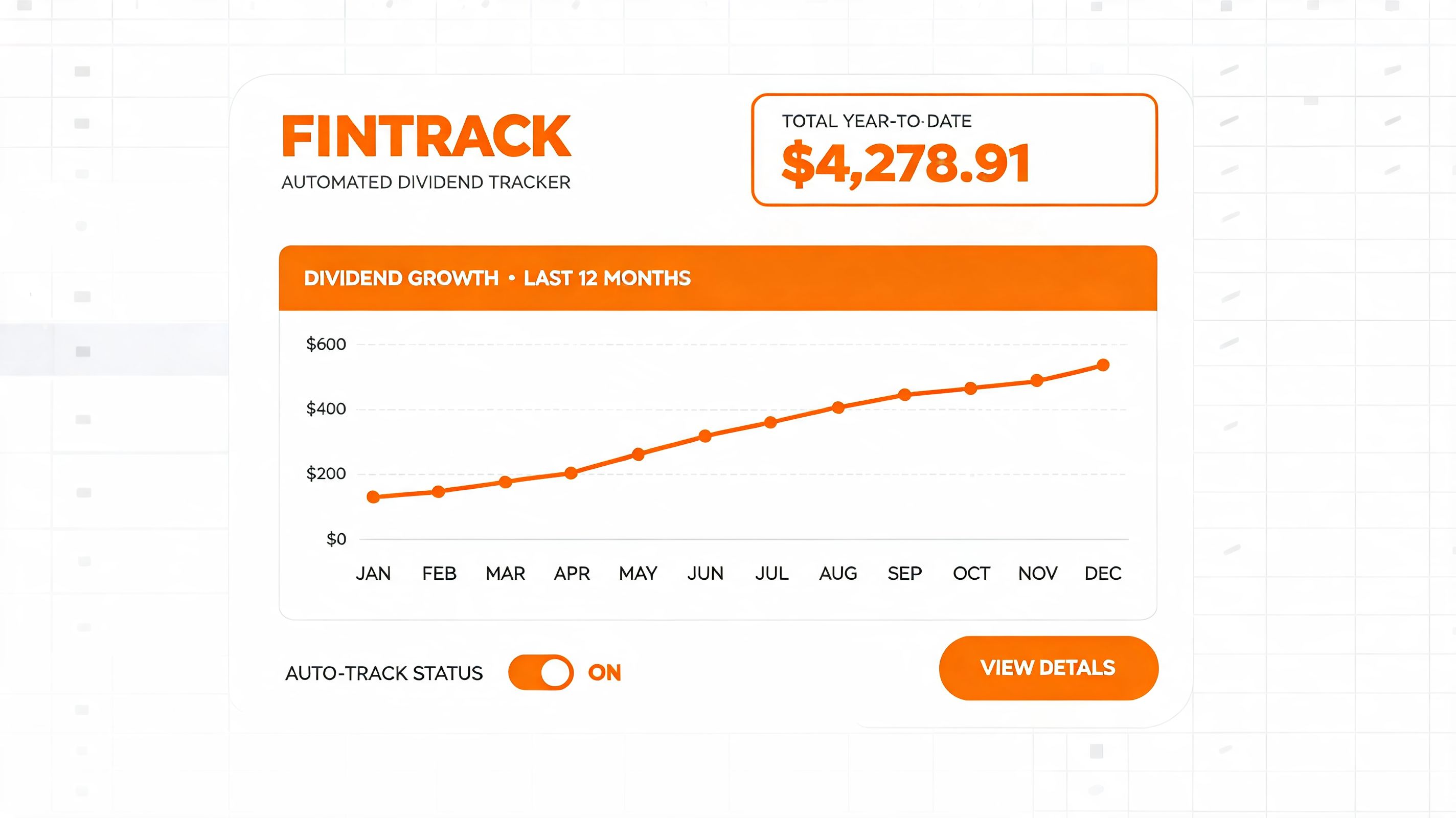 A Fintrack interface showing an automated dividend tracker dashboard with year-to-date earnings and a monthly growth chart.
