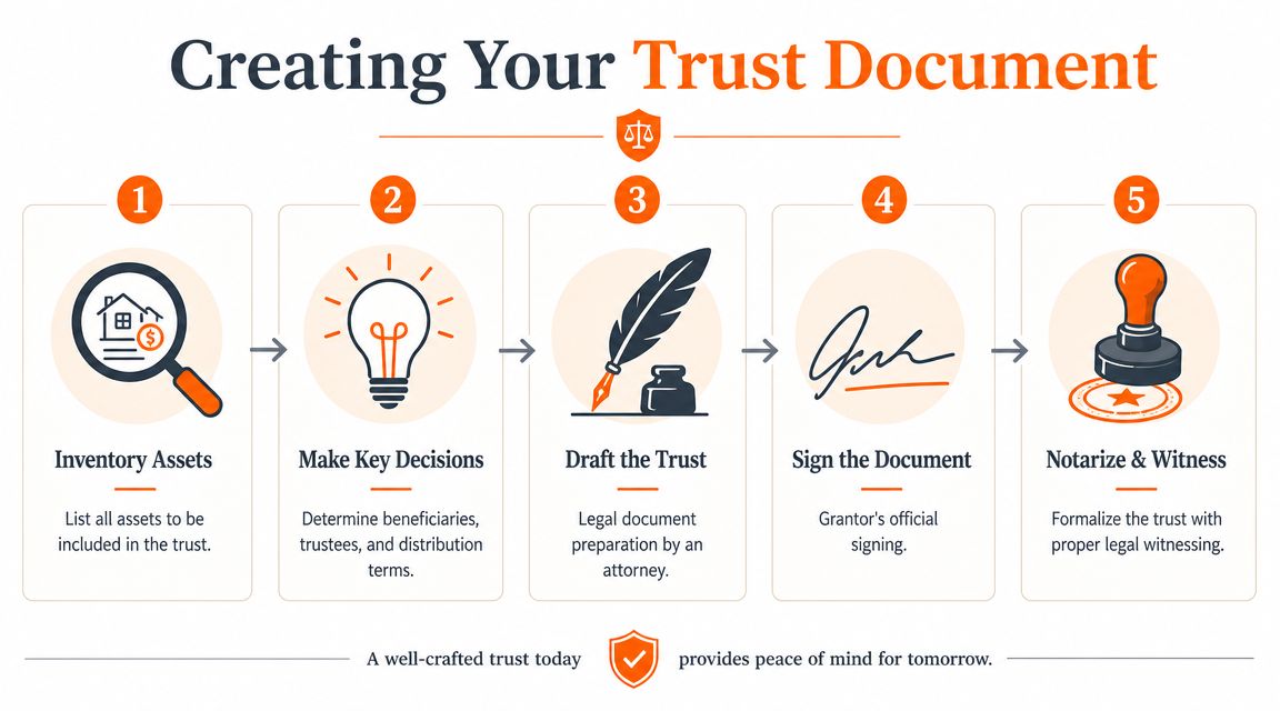 A five-step infographic illustrating the professional legal process for creating a trust document for estate planning.