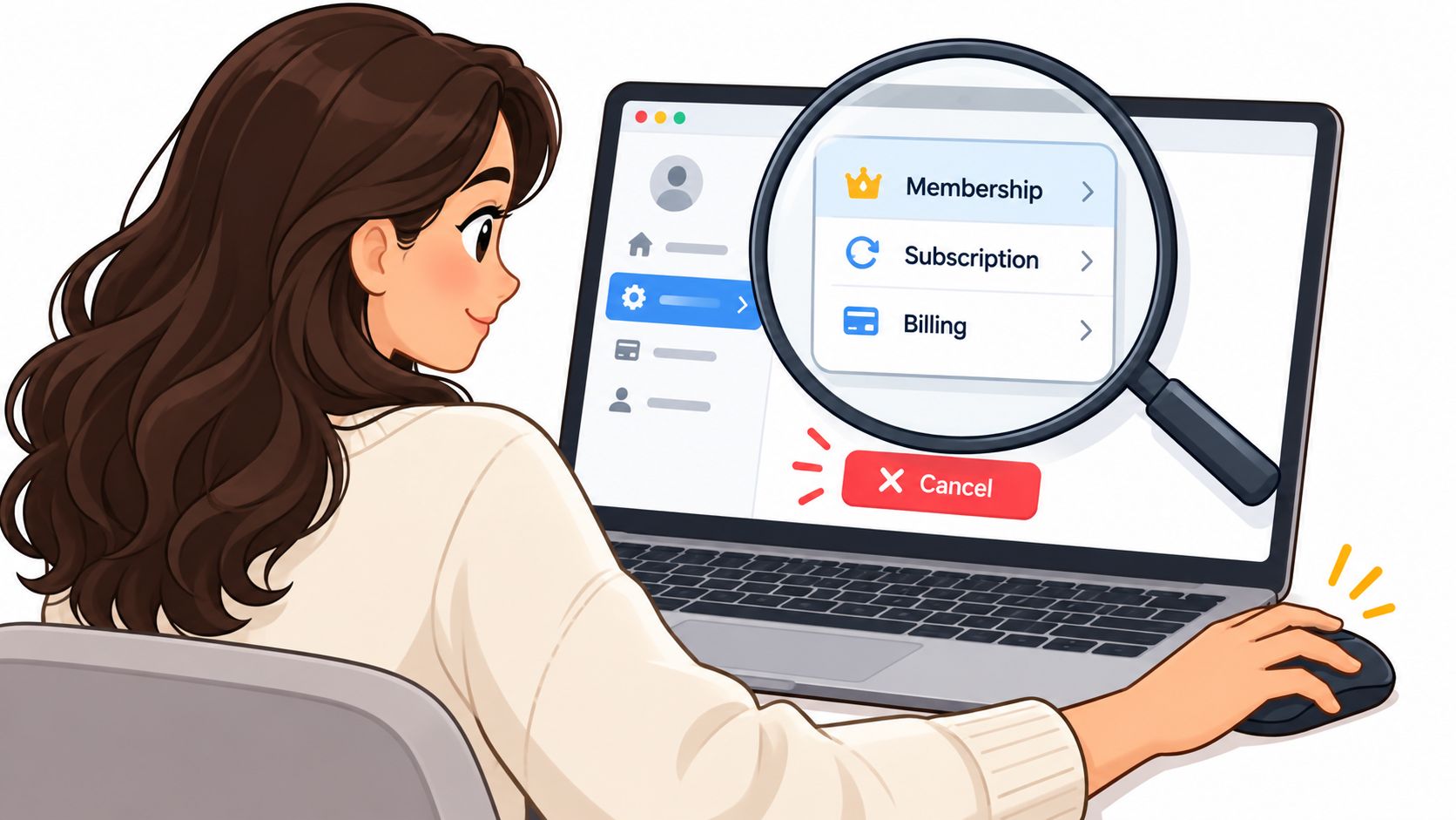 A woman using her laptop to navigate to subscription and billing settings to cancel her account service.