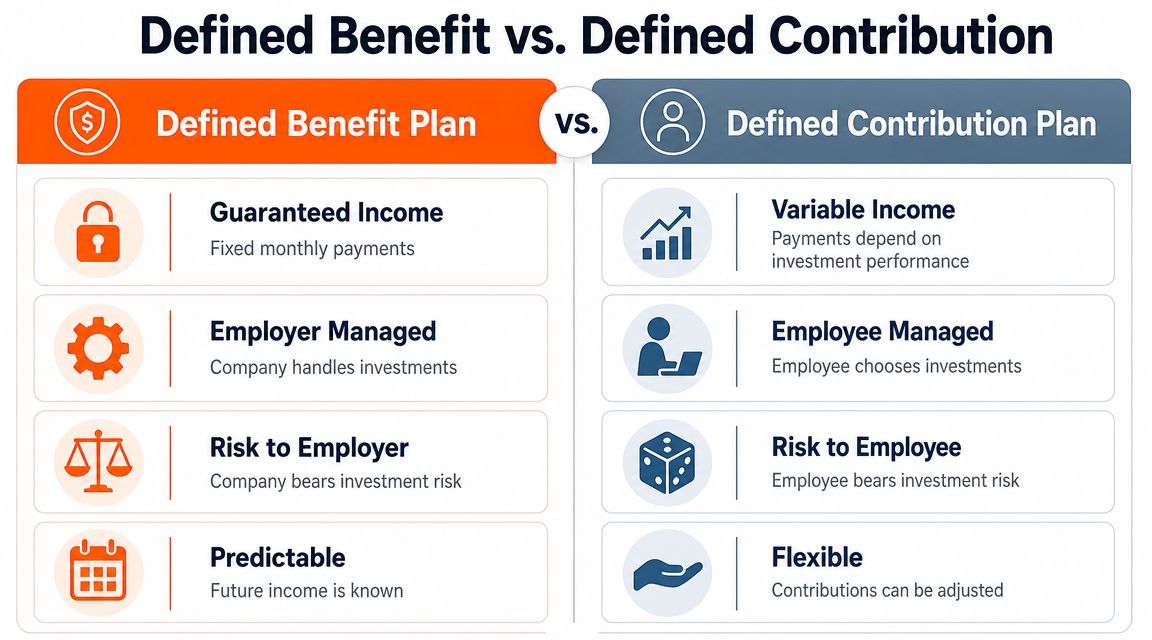 A comparison chart outlining the key differences between defined benefit plans and defined contribution plans for retirement.