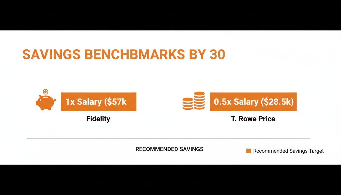 Savings benchmarks by age 30, showing Fidelity's 1x salary and T. Rowe Price's 0.5x salary recommendations.