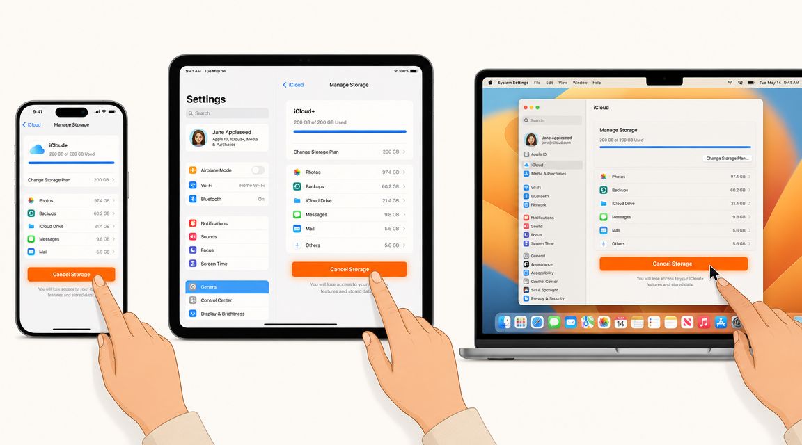 A digital illustration showing three Apple devices, a phone, tablet, and laptop, displaying iCloud storage cancellation settings.