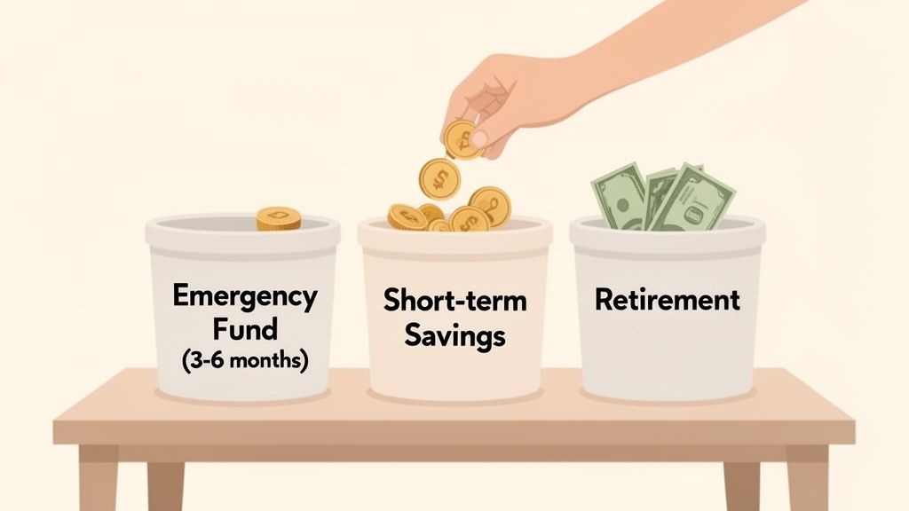 Illustration showing a hand saving money into three buckets: Emergency Fund, Short-term Savings, and Retirement.