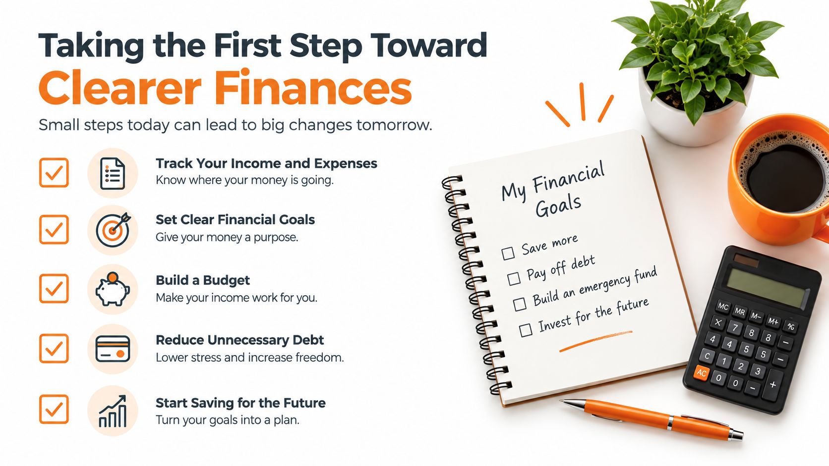 A financial guide featuring a checklist and steps to track expenses, budget, and save money.