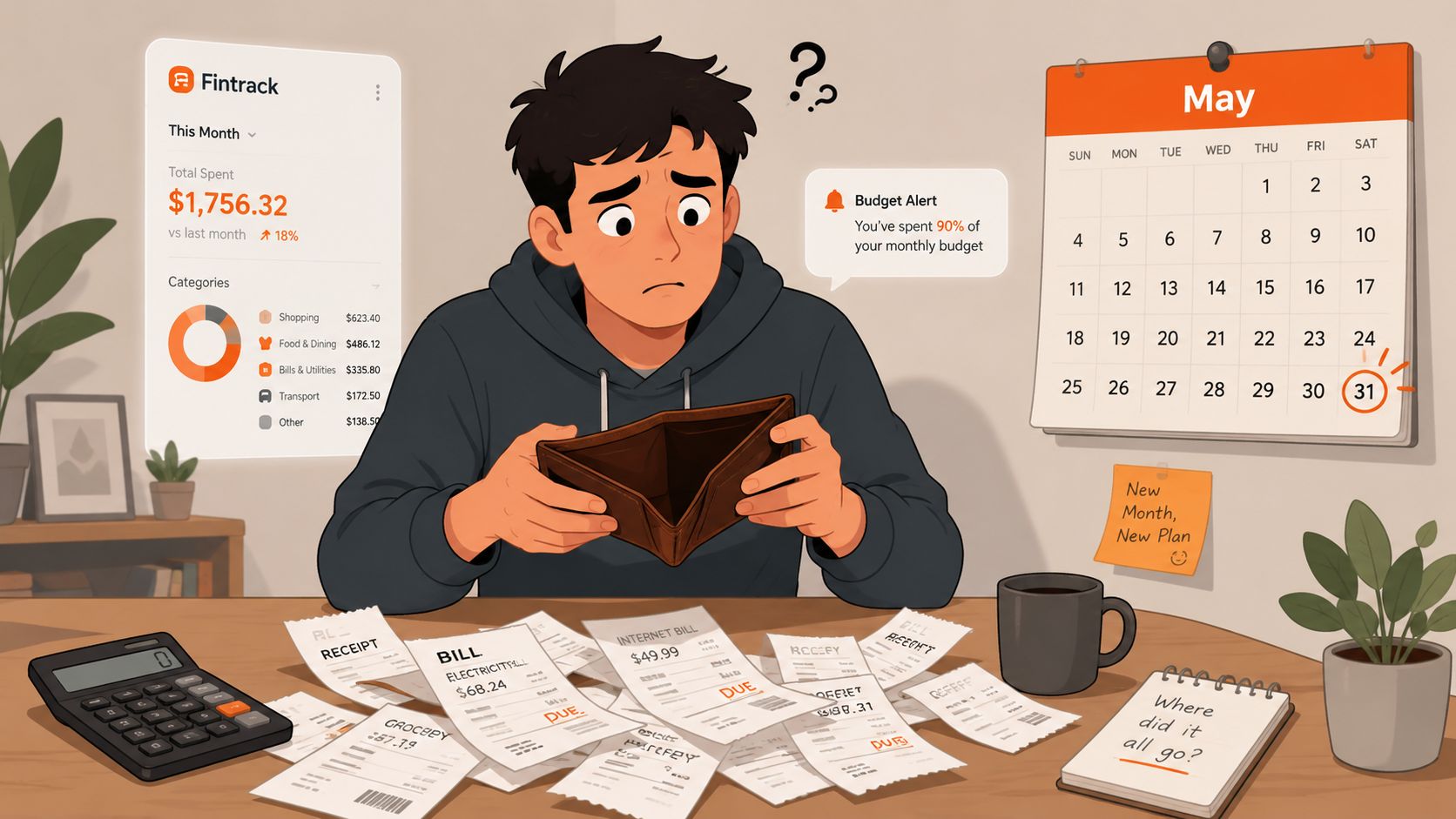 A worried young man looking at an empty wallet while reviewing bills and tracking monthly finances.