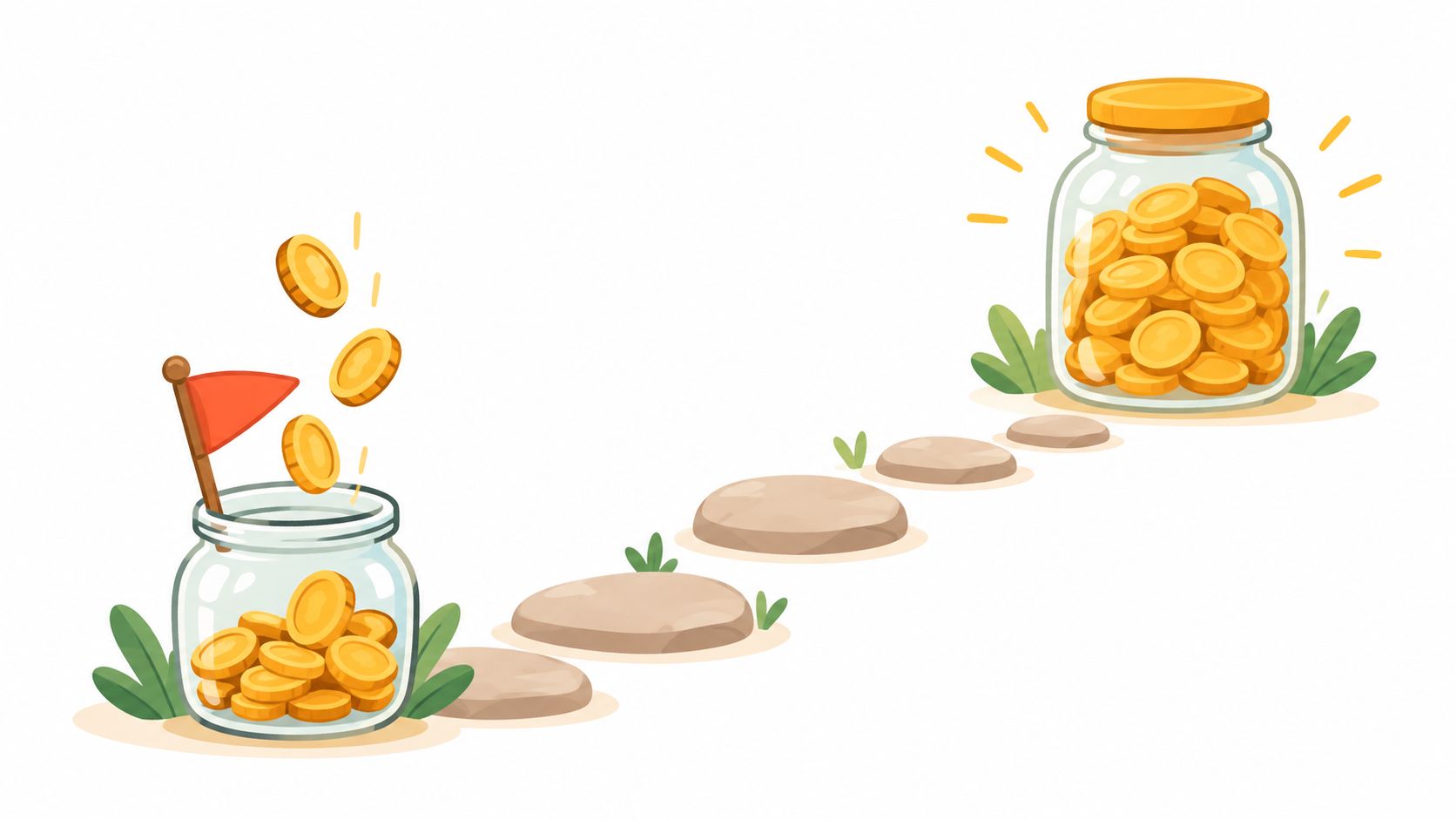 A conceptual illustration showing coins being collected into jars with stepping stones representing financial progress.