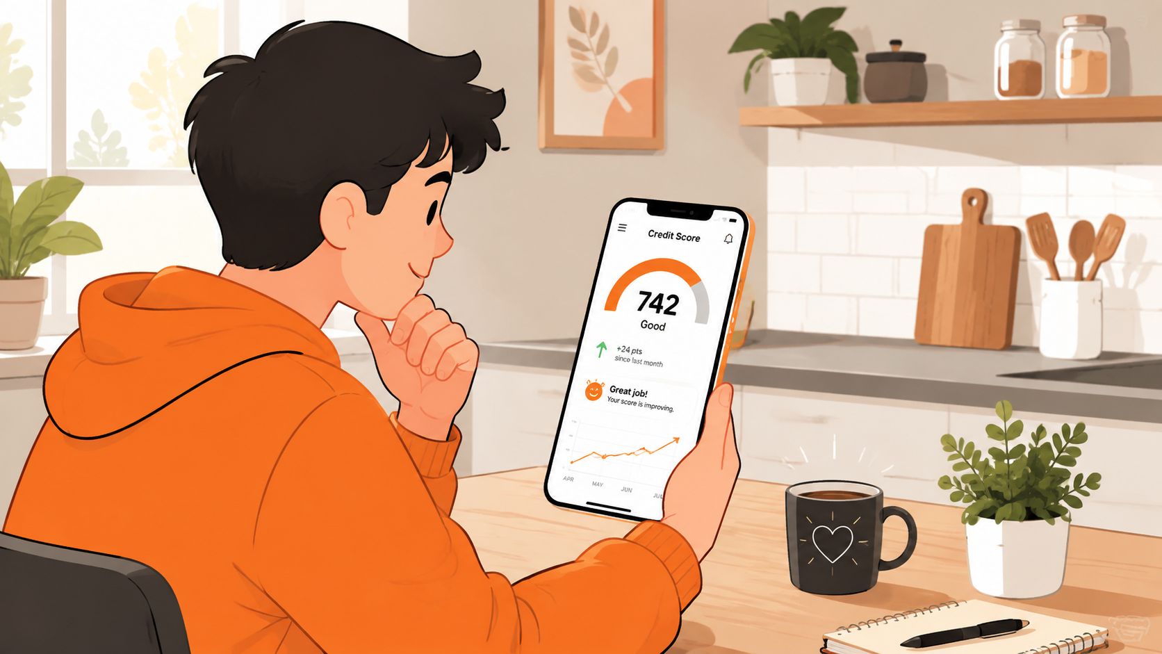 A young person checking their improving credit score on a mobile phone app at home.