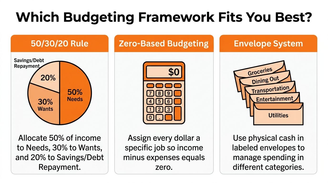 A visual guide comparing three common budgeting methods: the 50/30/20 rule, zero-based budgeting, and the envelope system.