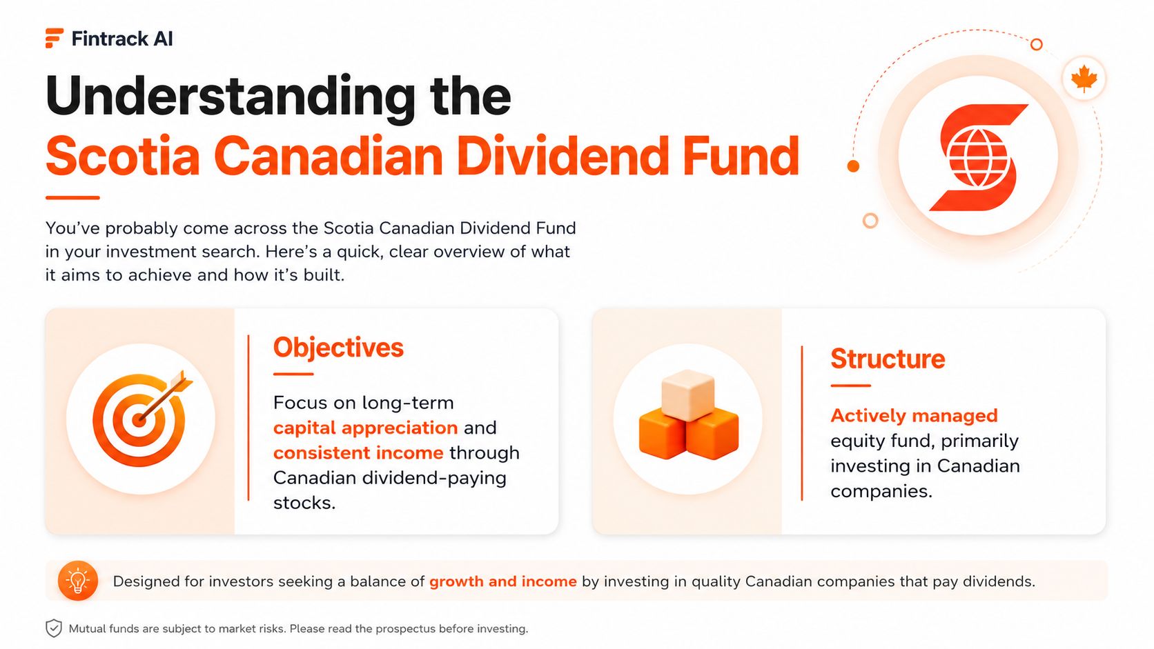 An infographic from Fintrack AI explaining the investment objectives and structure of the Scotia Canadian Dividend Fund.