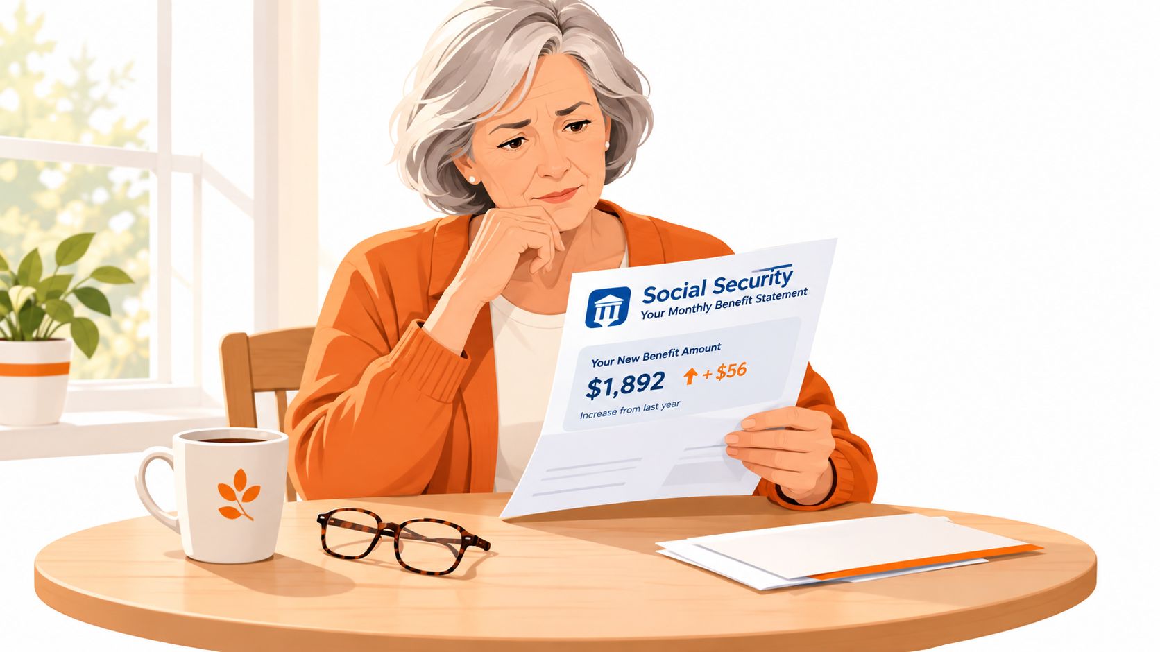 A senior woman sitting at a table thoughtfully reading her Social Security monthly benefit statement document.