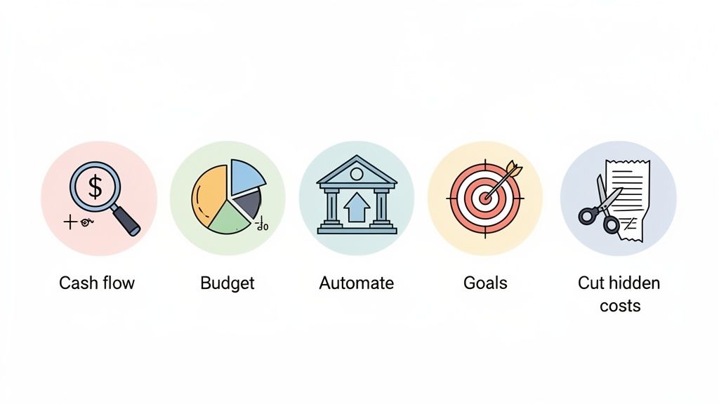 Five icons illustrating financial planning steps: cash flow, budget, automate, goals, and cutting hidden costs.