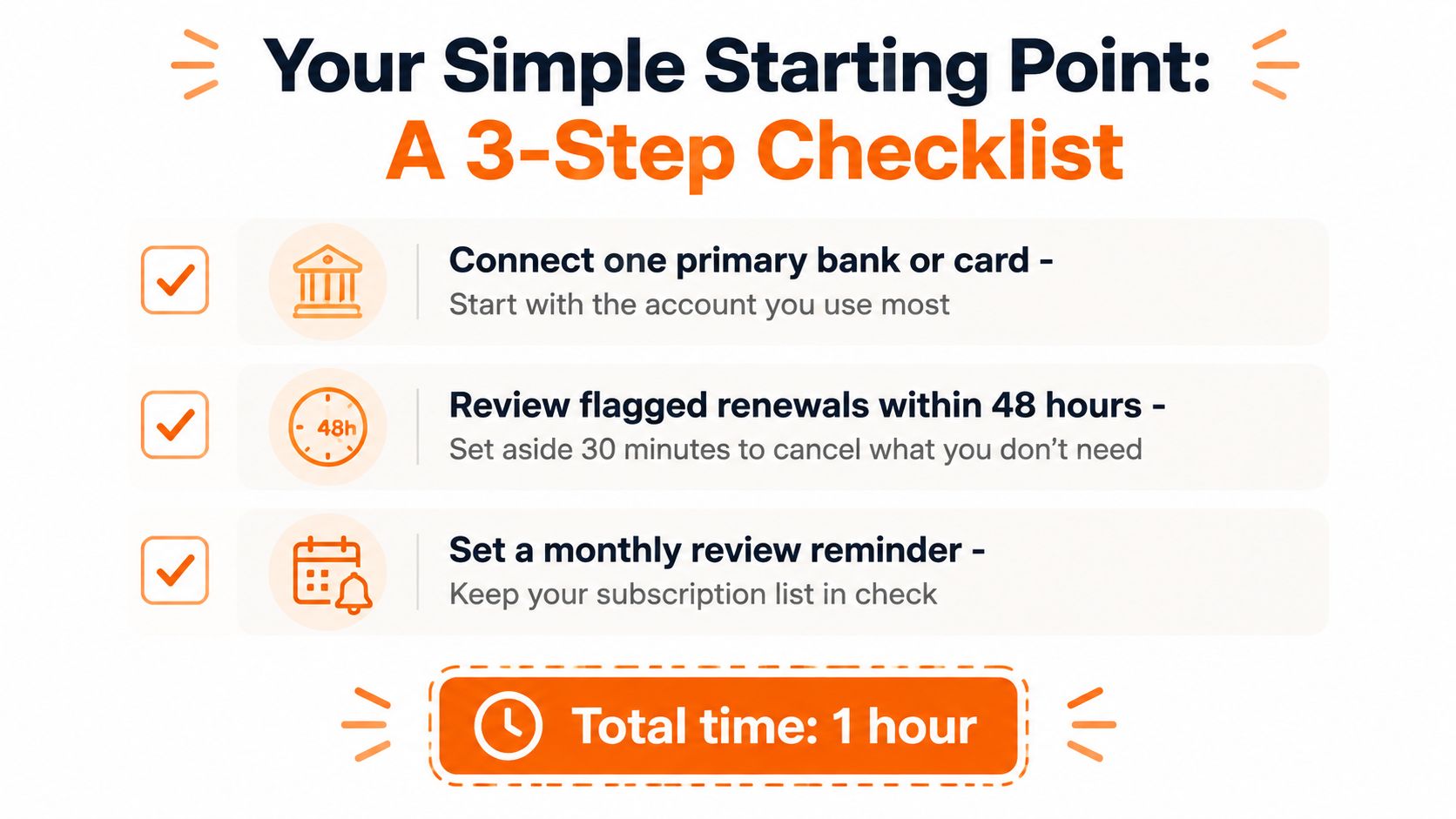A 3-step checklist guide for subscription tracking that takes one hour to complete.