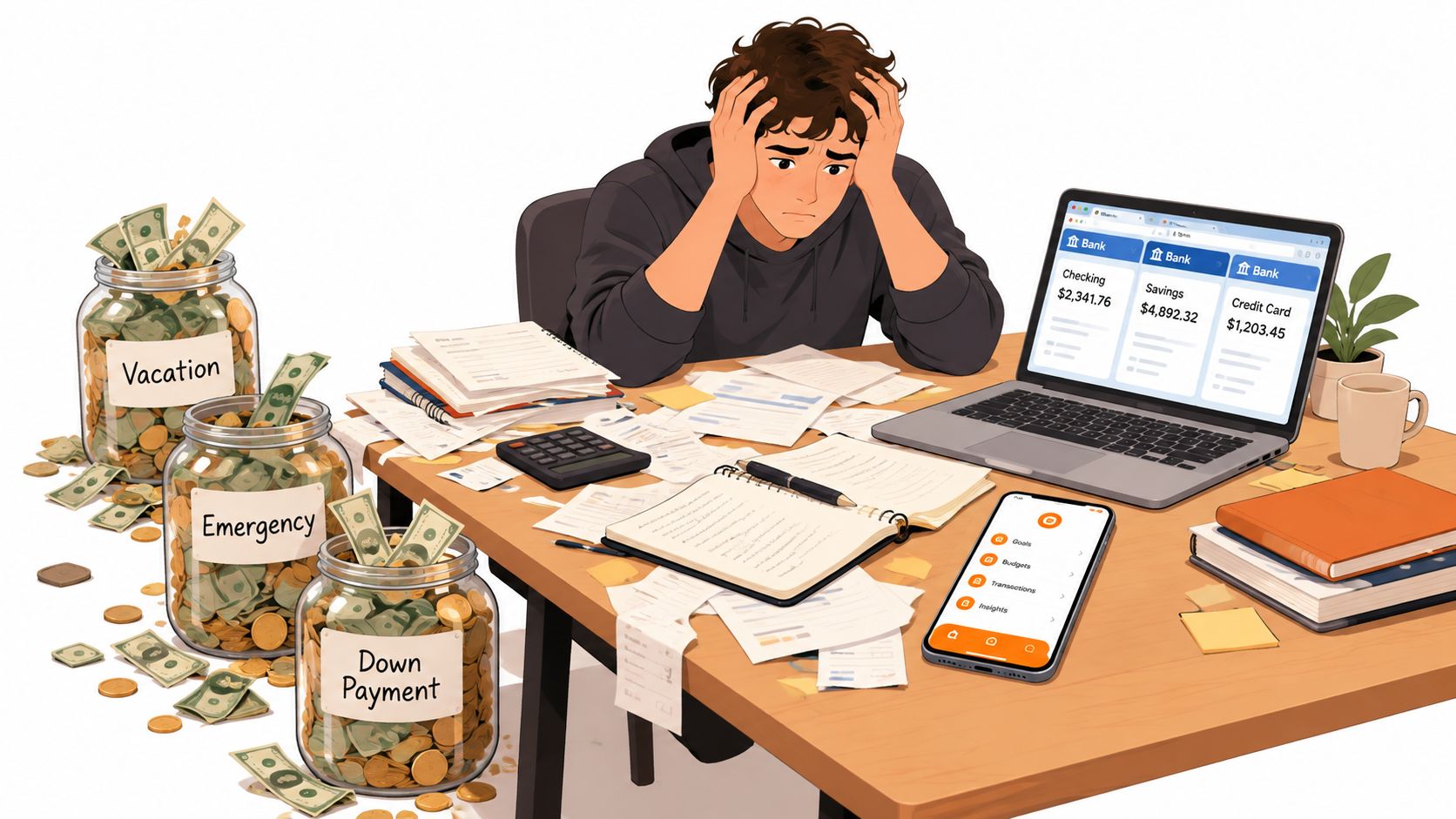 A stressed young person sitting at a cluttered desk with financial savings jars and a budgeting app.