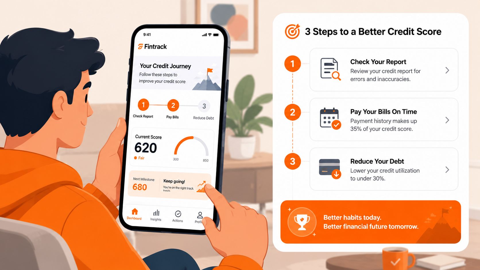 An illustration showing a person using a Fintrack mobile app to learn steps to improve their credit score.