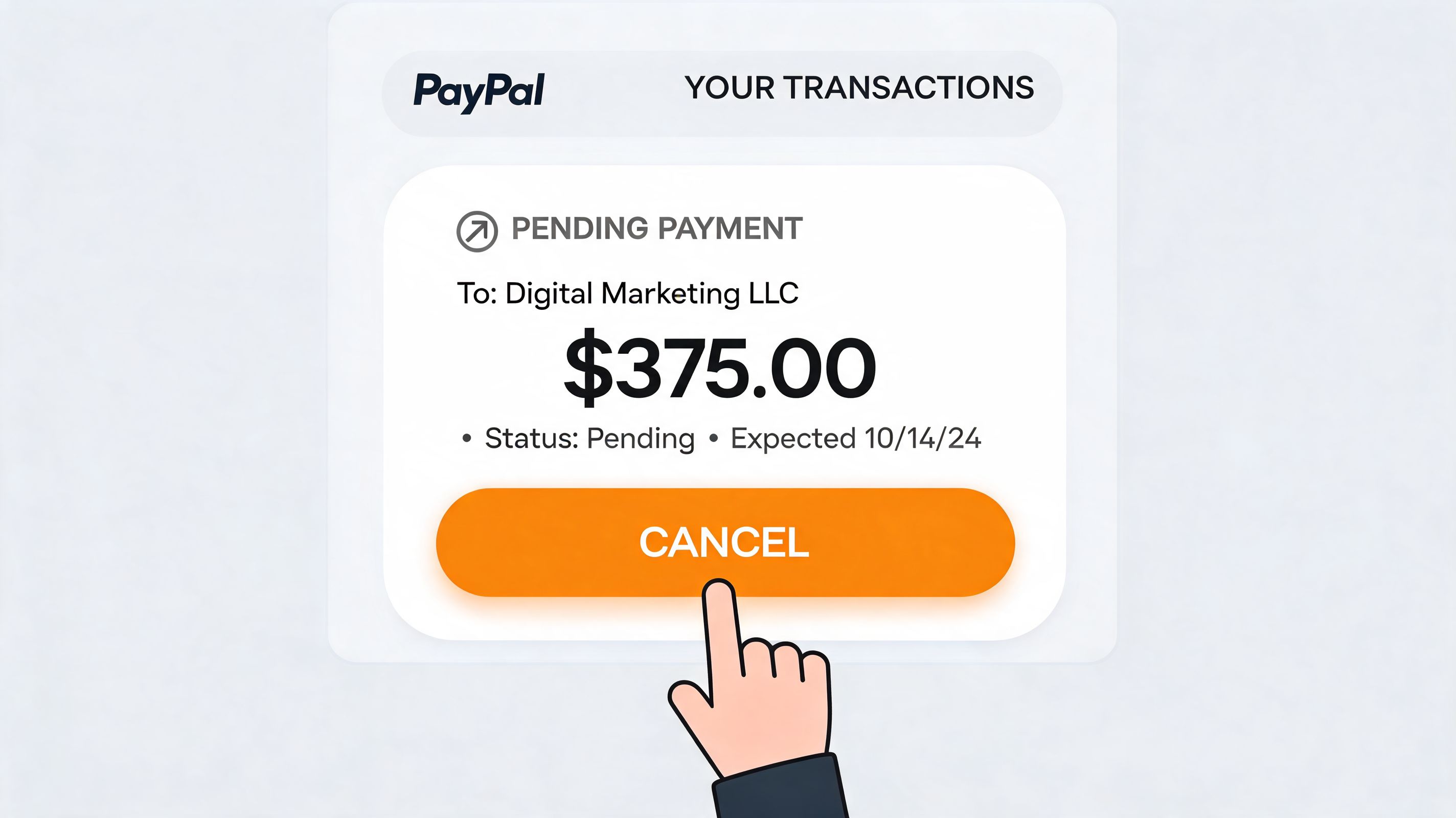 A digital graphic showing a PayPal transaction pending for 375 dollars with a finger clicking the cancel button.