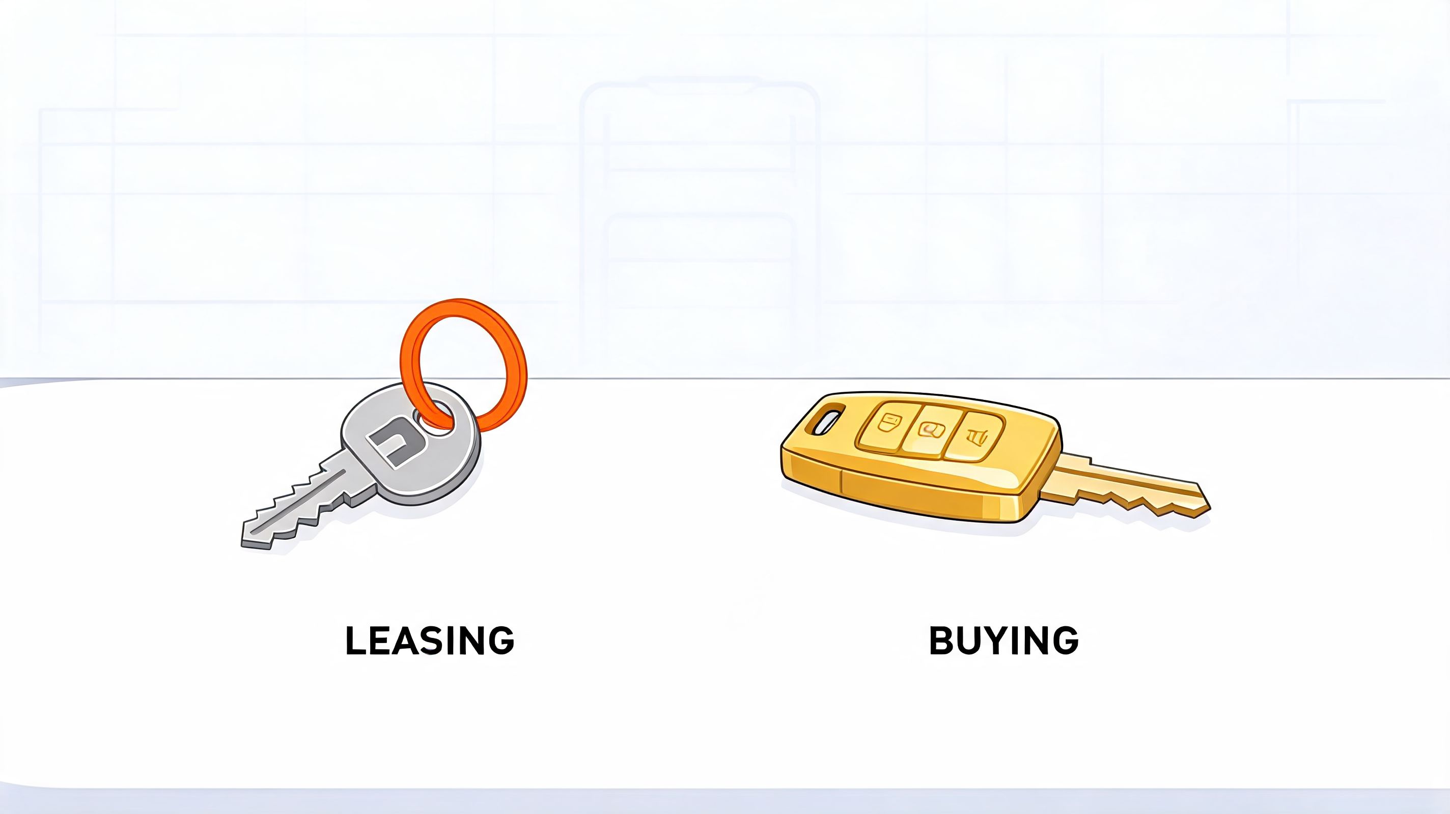 An illustration comparing leasing versus buying a car represented by a simple key and a car fob.
