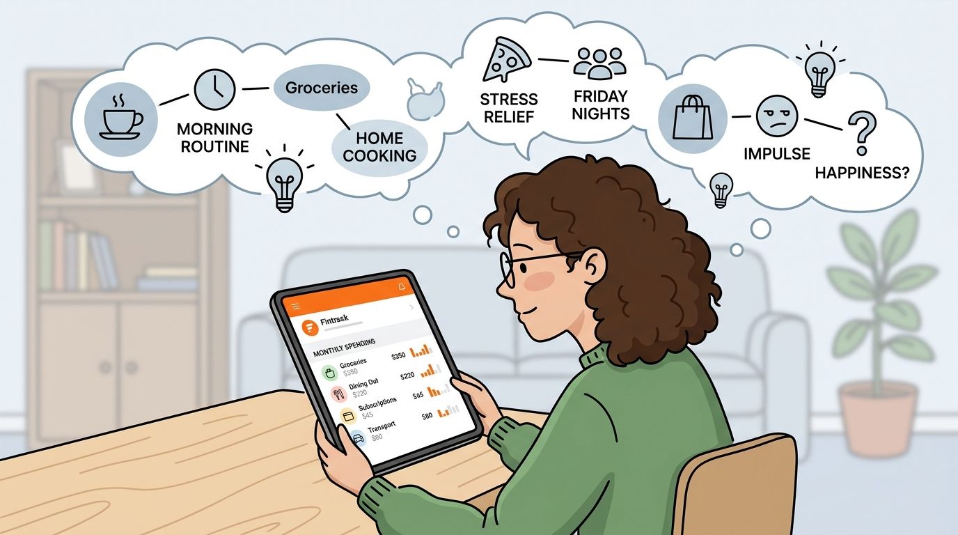 A woman reviewing her monthly financial expenses on a tablet with abstract thoughts about her lifestyle choices.