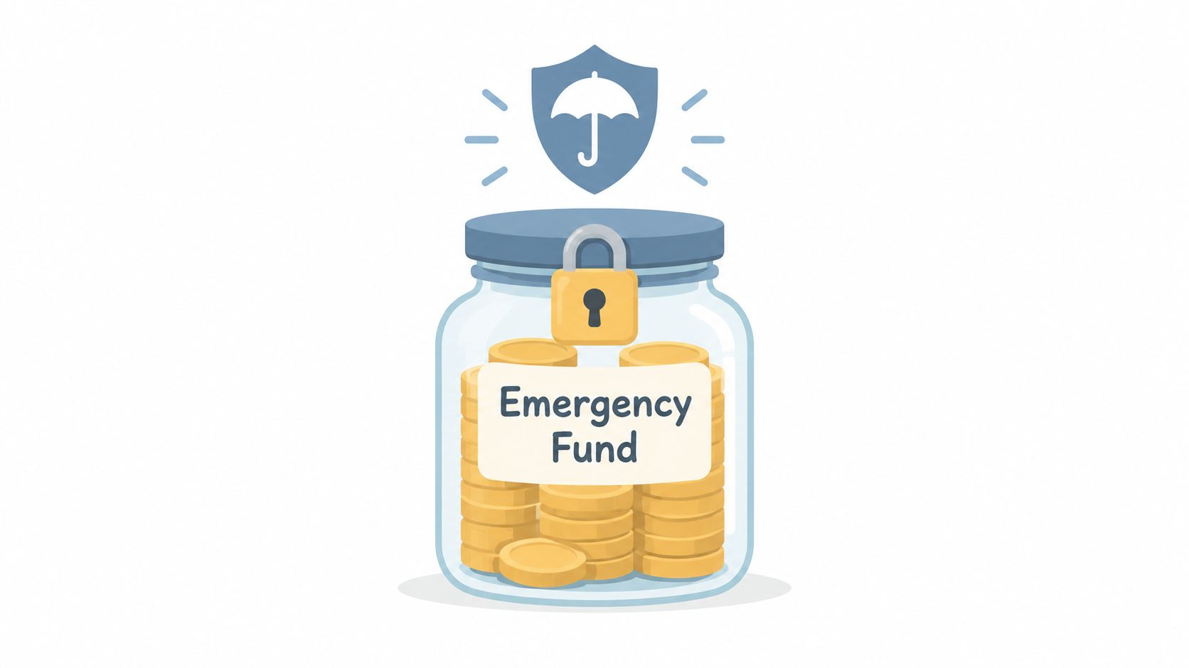 A glass jar filled with gold coins labeled Emergency Fund with a protective shield and umbrella icon.