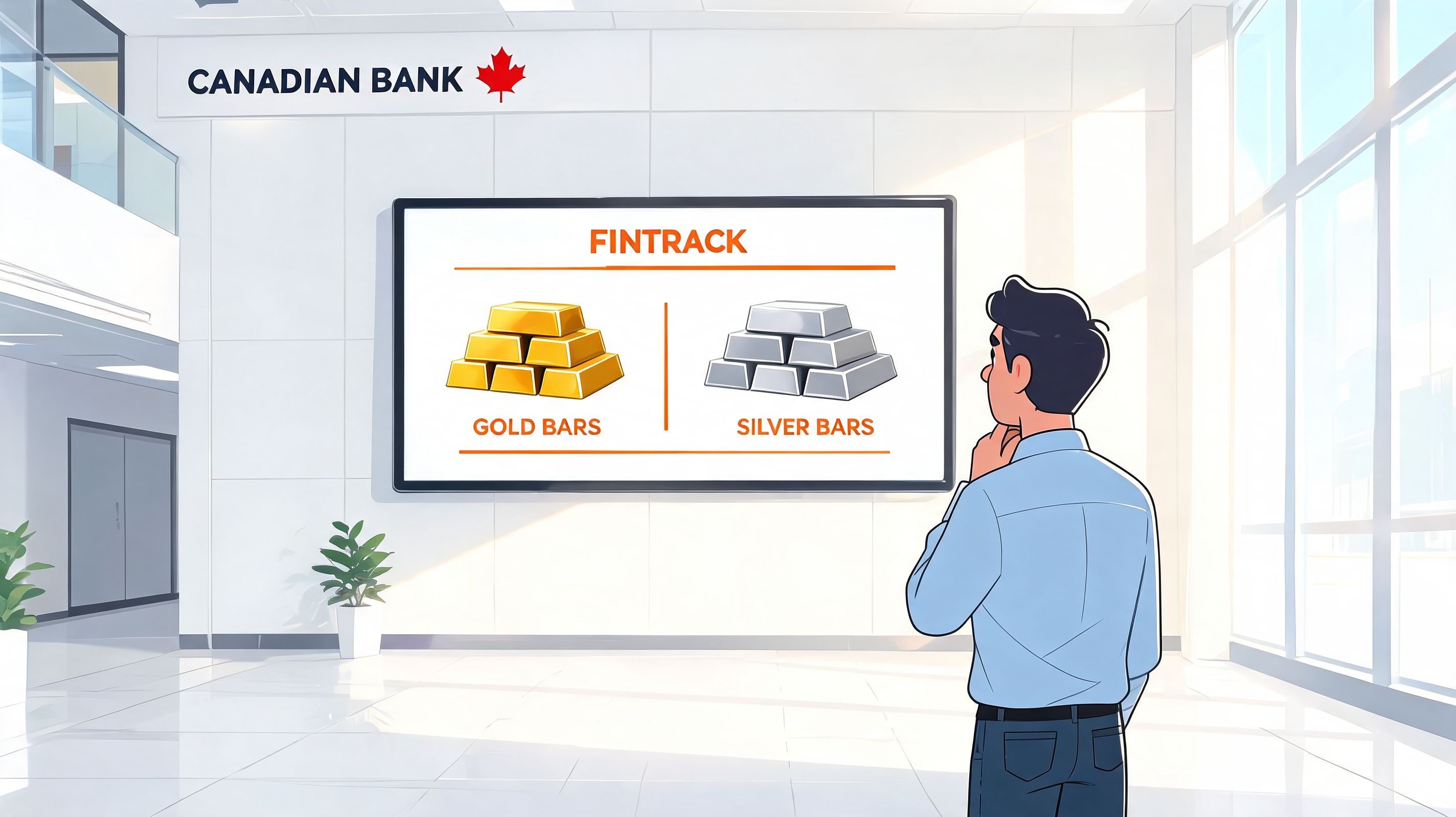 A man in a bank lobby looking at a digital screen displaying gold and silver bars information.