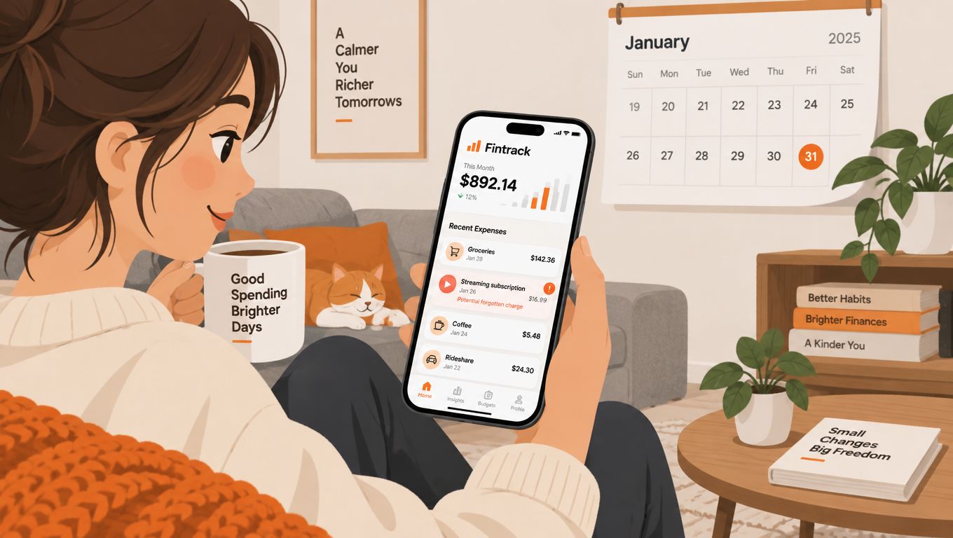 A woman relaxes at home while checking her personal finance tracking app on her iPhone smartphone.