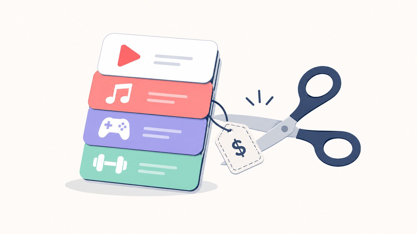 A pair of scissors cutting a price tag attached to a stack of digital subscription service icons.