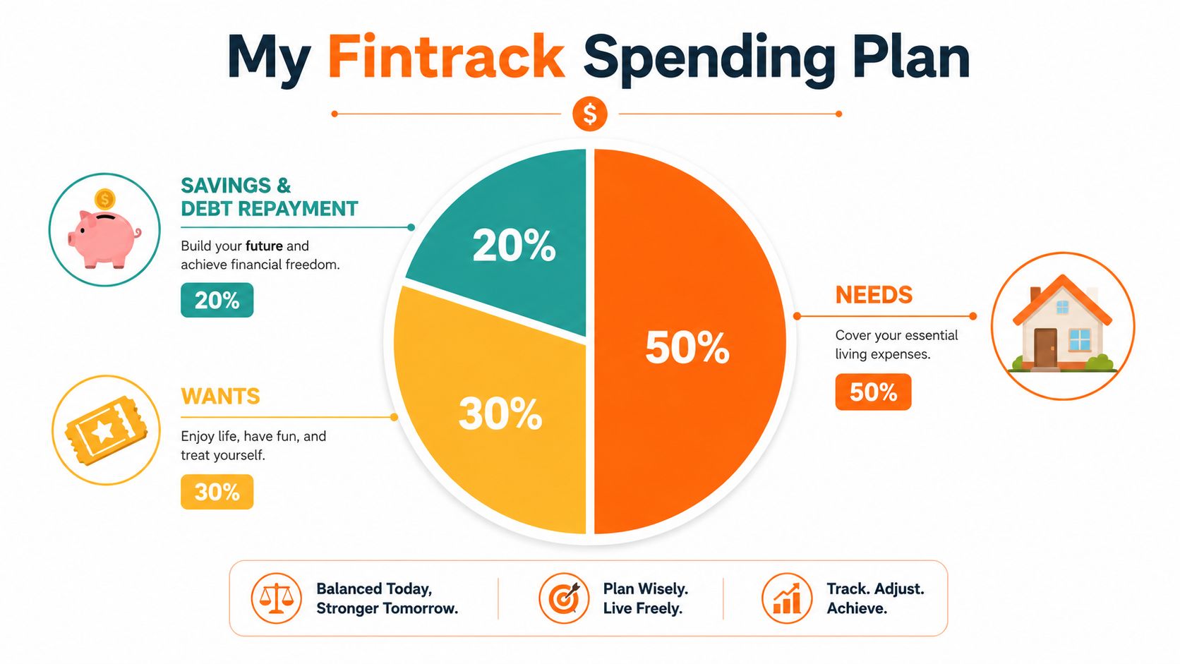A colorful infographic illustrating a personal budget plan divided into needs, wants, savings, and debt repayment.