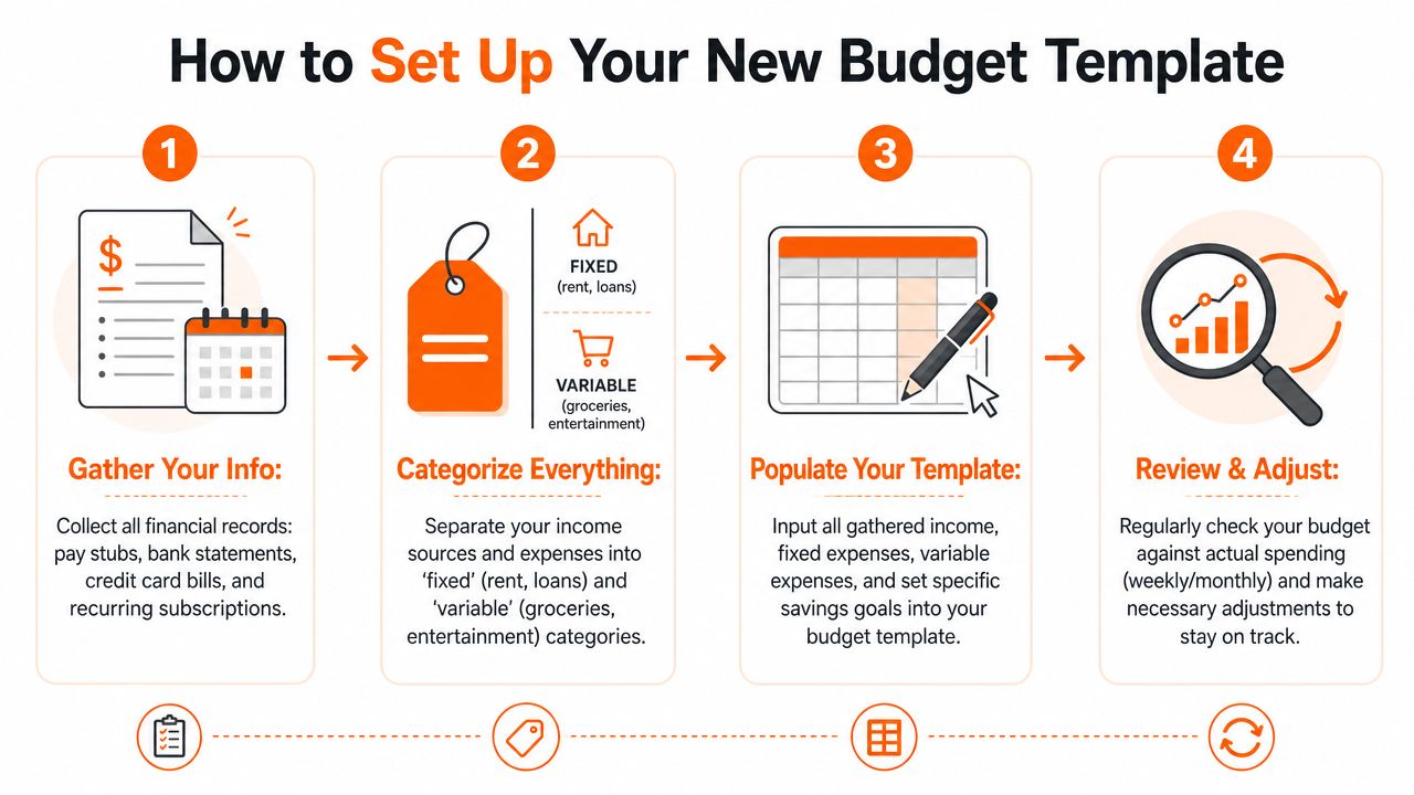 An infographic illustrating four simple steps to set up a personal monthly budget template.
