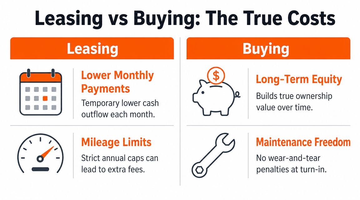 A comparison chart outlining the pros and cons of leasing versus buying a vehicle for consumers.