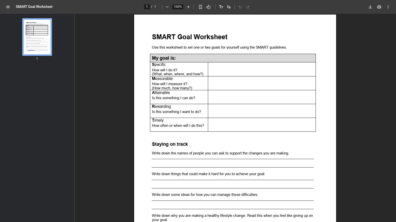 MyHealth.Alberta.ca SMART Goal Worksheet