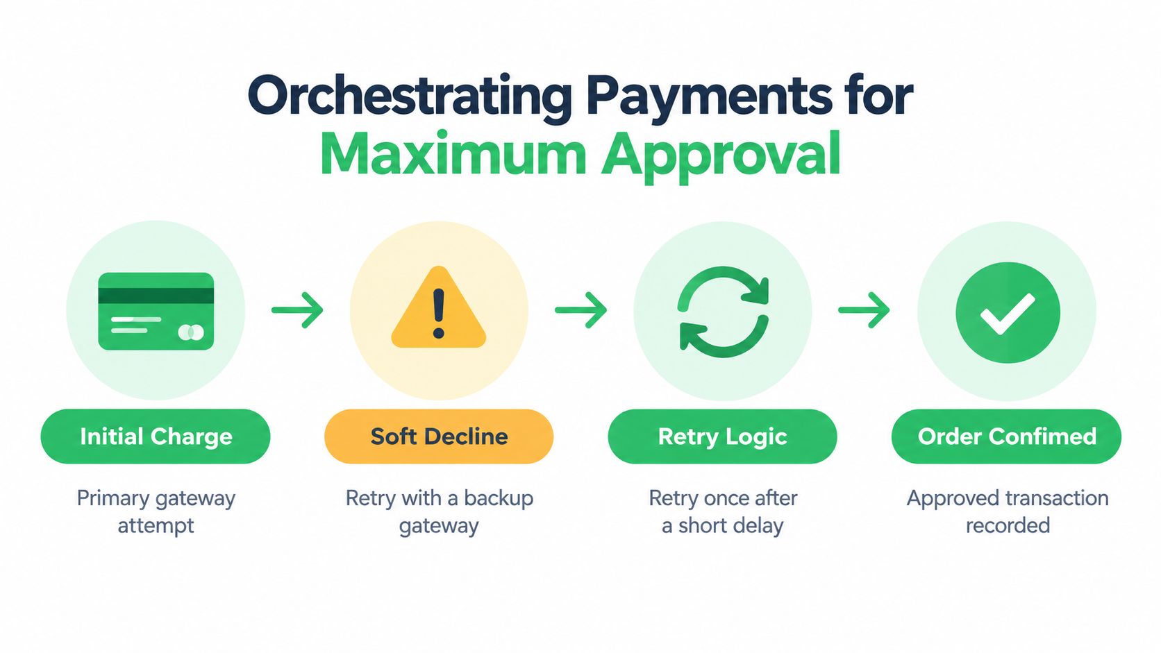 A flow chart showing the process of orchestrating payments for maximum approval, including charge, decline, retry, and confirmation steps.