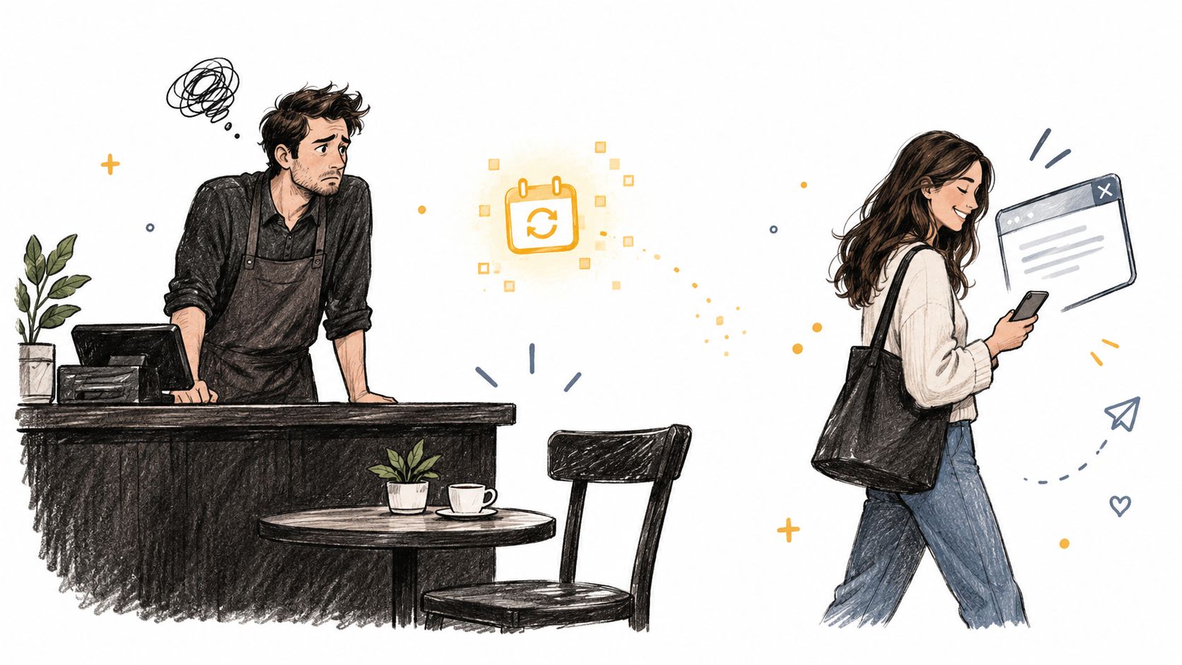 A confused server at a cafe counter looking toward a customer using a mobile scheduling app.