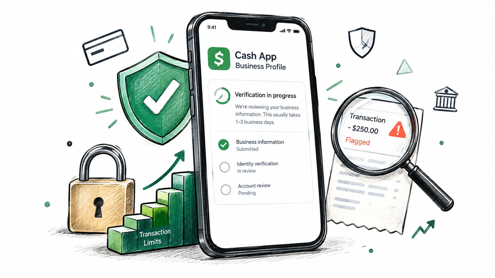 A smartphone display showing a Cash App business profile with verification status, accompanied by financial security icons.