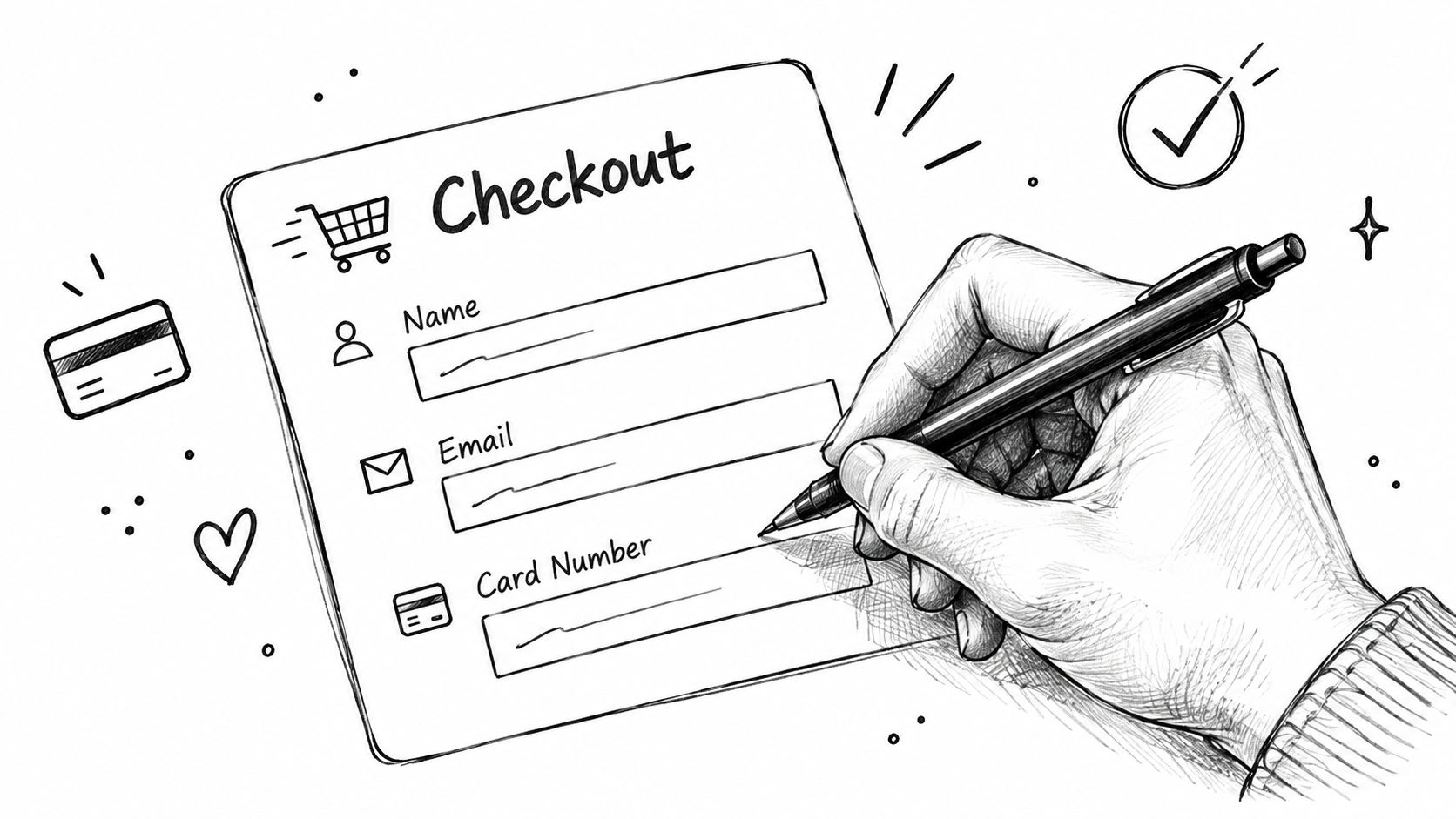 A hand drawing a checkout form with fields for name, email, and card number on a digital tablet.