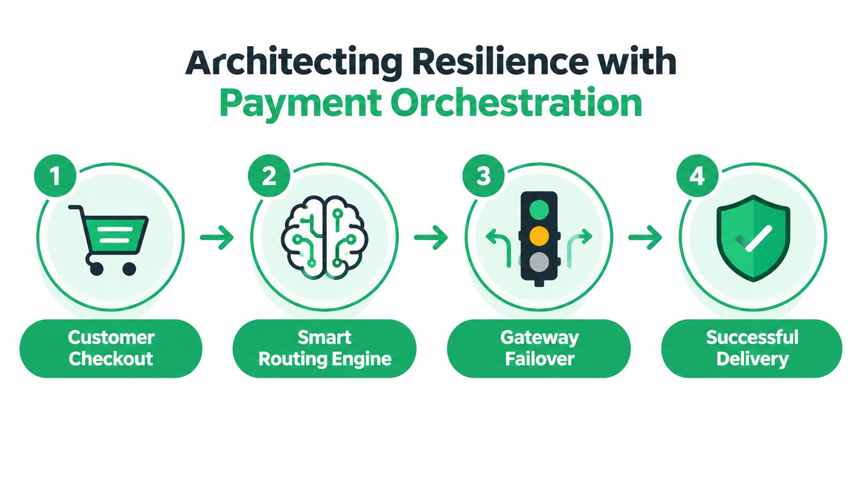 A four-step infographic illustrating the payment orchestration process for digital goods merchants to ensure transaction resilience.