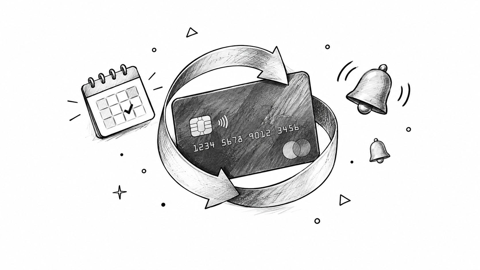 A hand-drawn sketch of a credit card, a calendar with a checkmark, and notification bells.