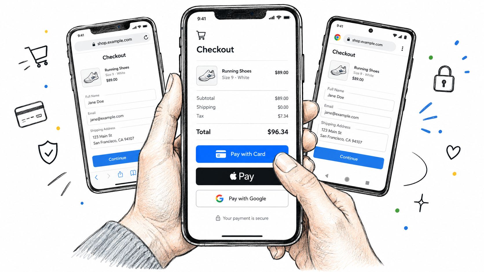 A hand holding a smartphone displaying an ecommerce checkout interface with various payment options and order details.