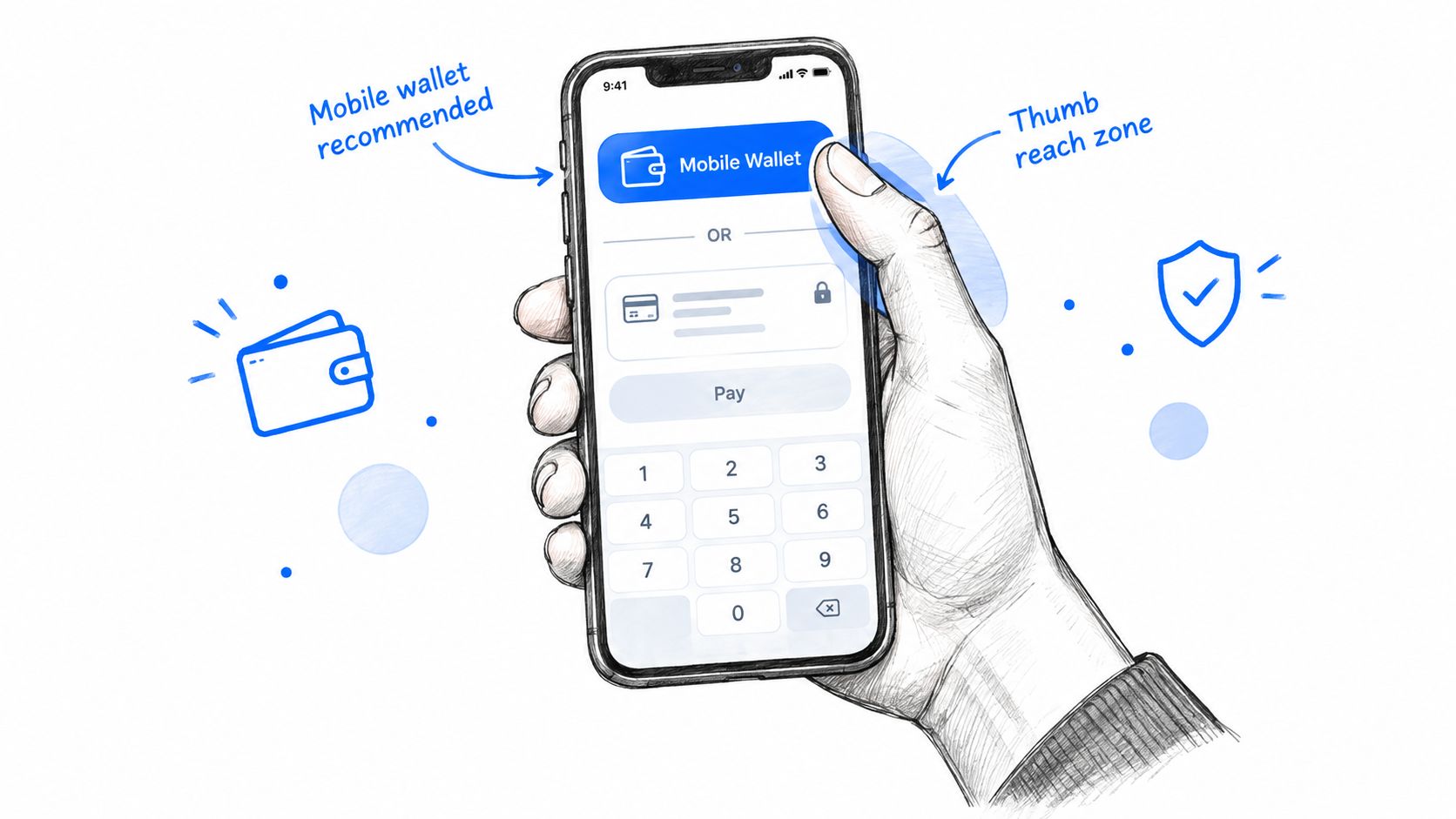 A hand holding a smartphone displaying mobile wallet and card payment options with an ergonomic thumb reach zone.