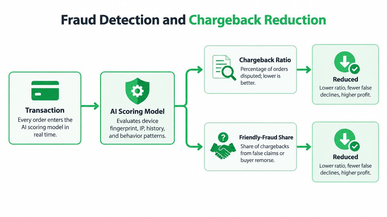 A flow chart illustrating how AI scoring models analyze transactions to reduce chargebacks and friendly fraud.