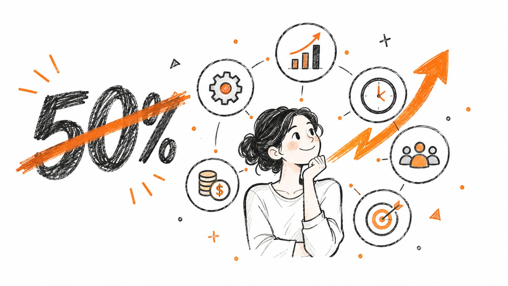 A hand-drawn illustration of a woman thinking about business growth, productivity, and an increase in sales percentages.