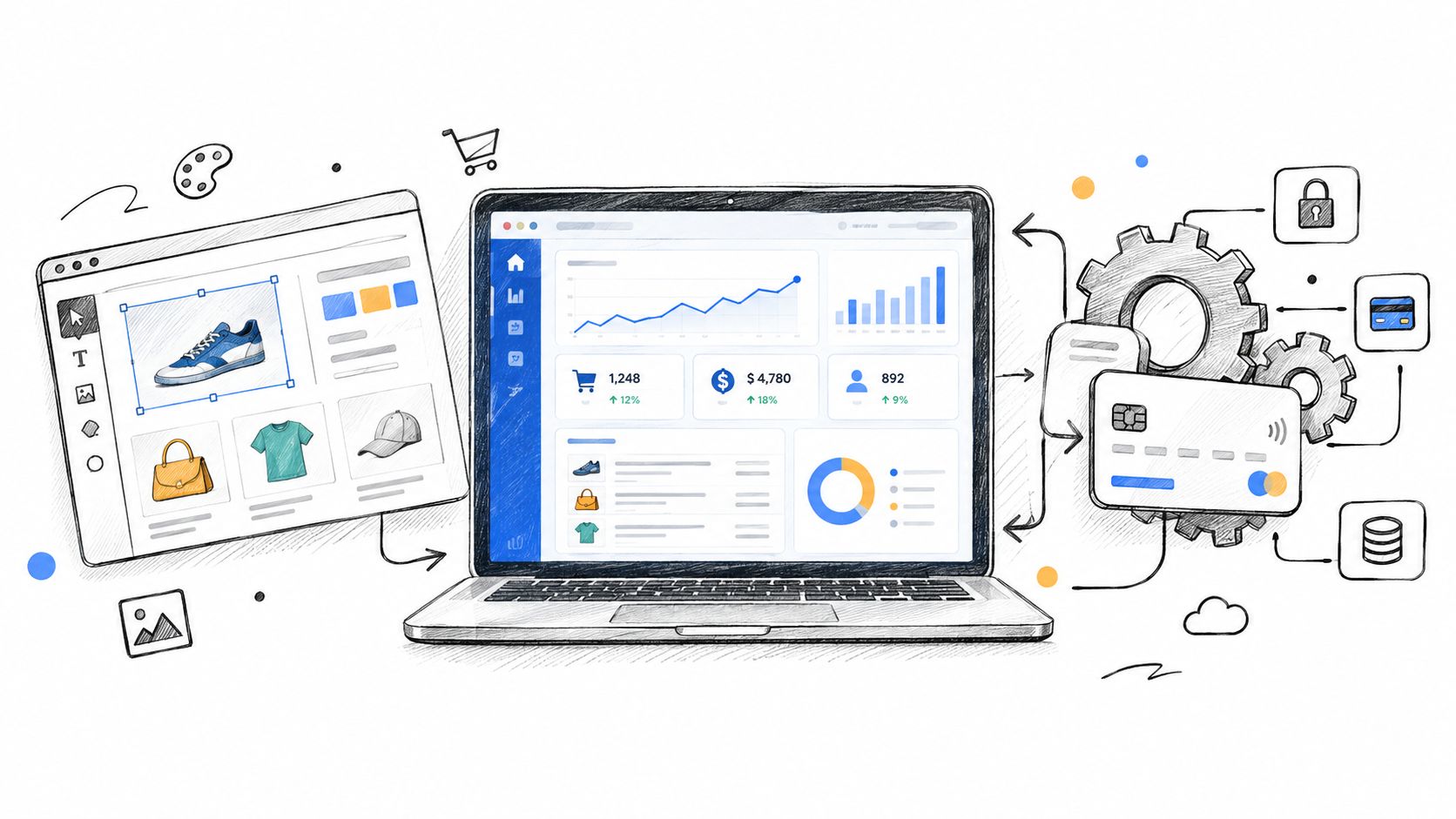 A digital illustration showing a laptop with business dashboards, product layouts, and payment processing icons connected by lines.