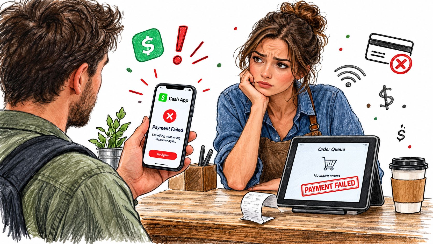 A customer looking at a Cash App payment failed error on a phone at a coffee shop counter.